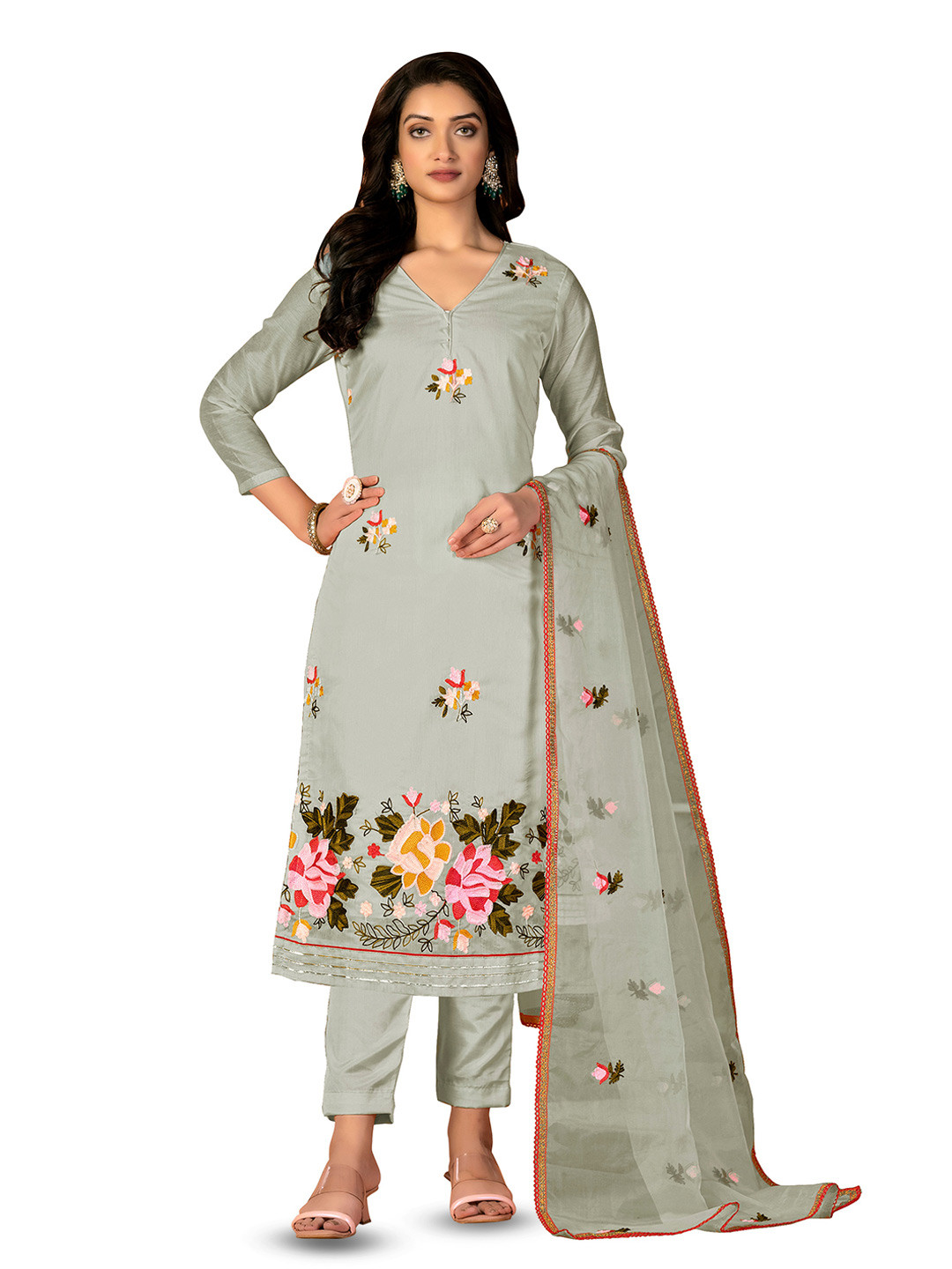 

MANVAA Floral Embroidered Unstitched Dress Material, Green