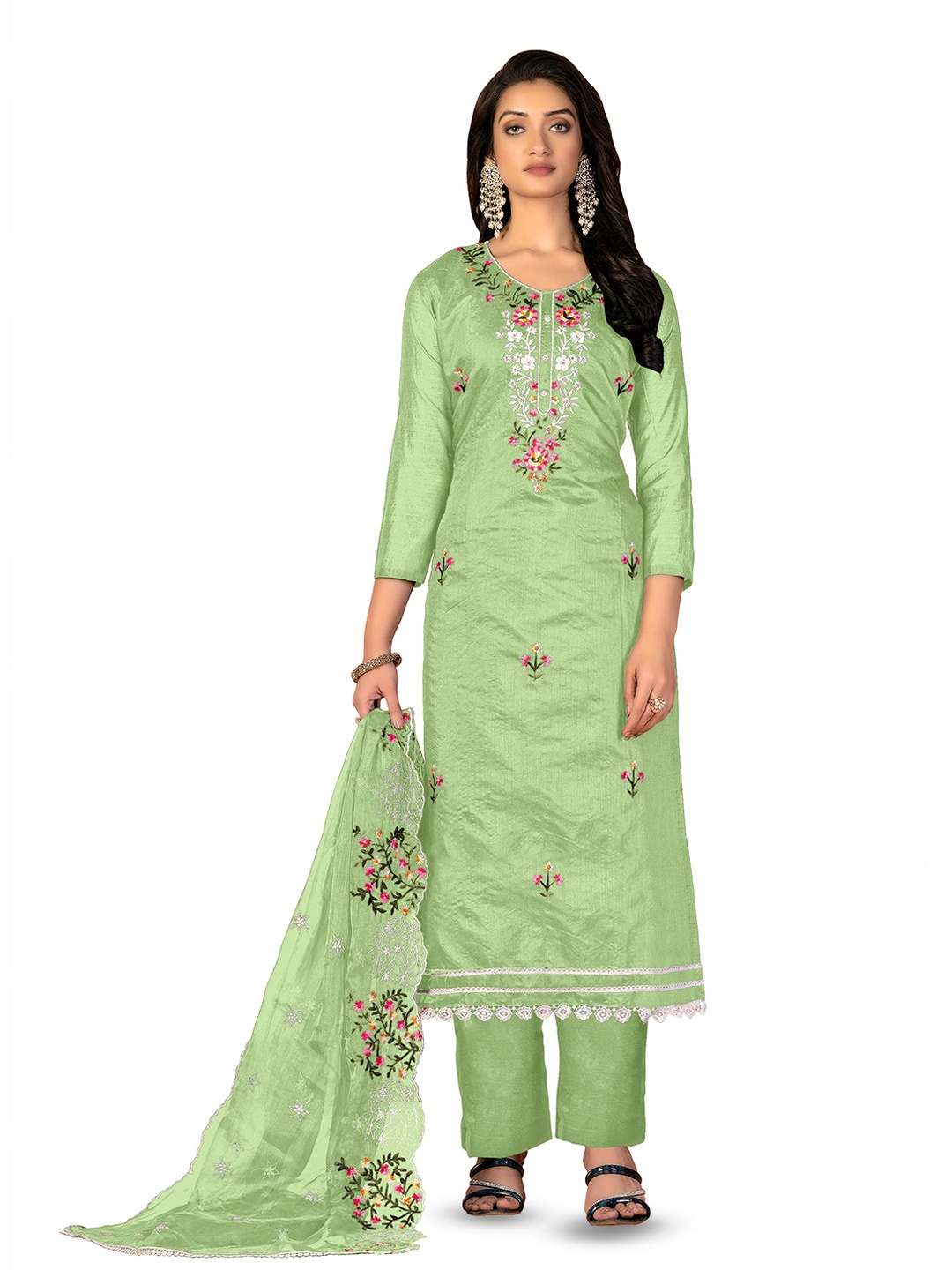 

MANVAA Floral Embroidered Unstitched Dress Material, Green