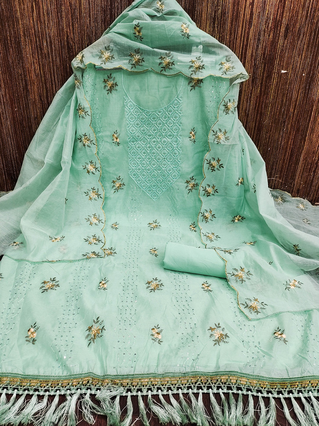 

MANVAA Floral Embroidered Unstitched Dress Material, Sea green