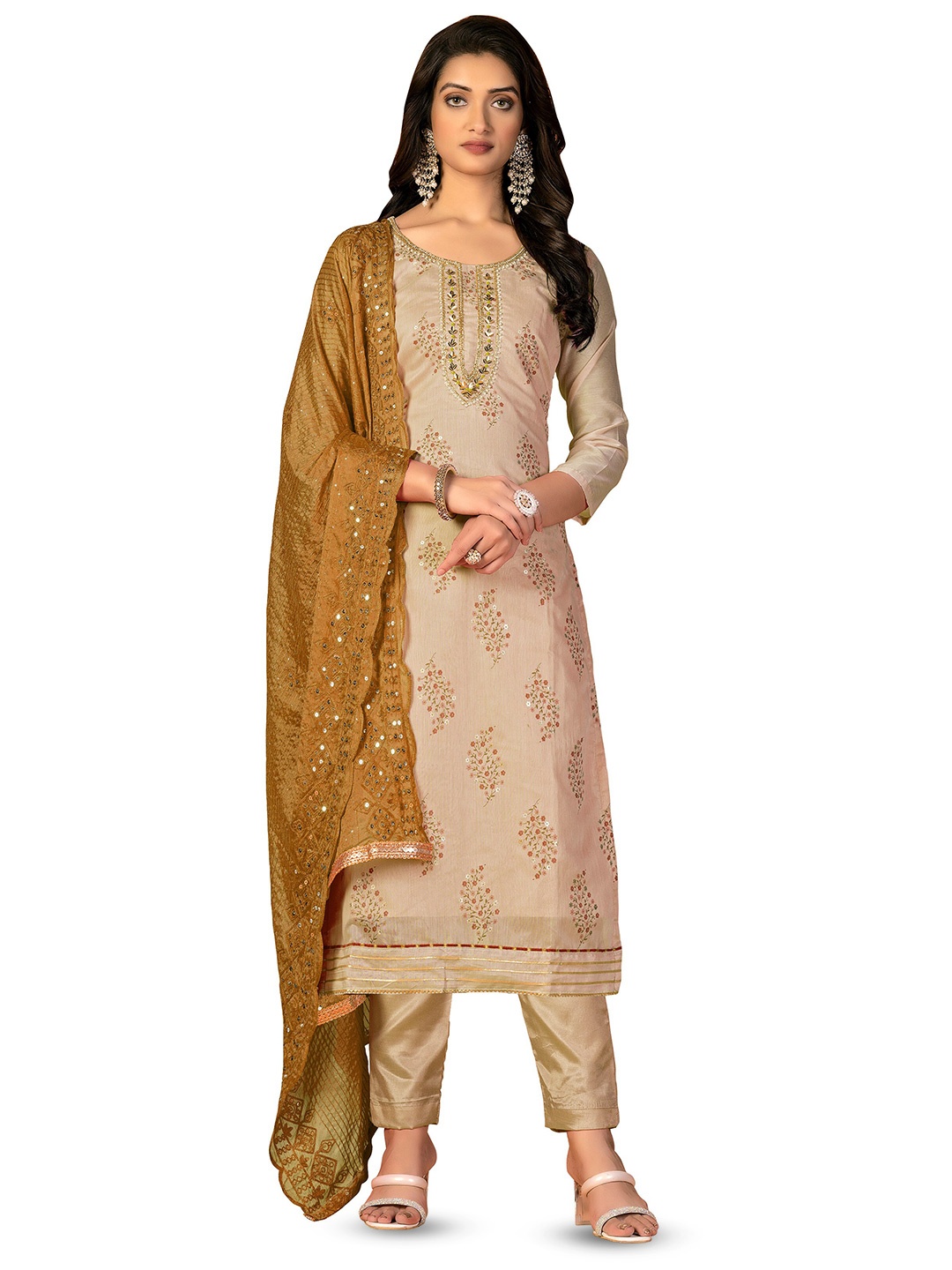 

MANVAA Embroidered Unstitched Dress Material, Beige