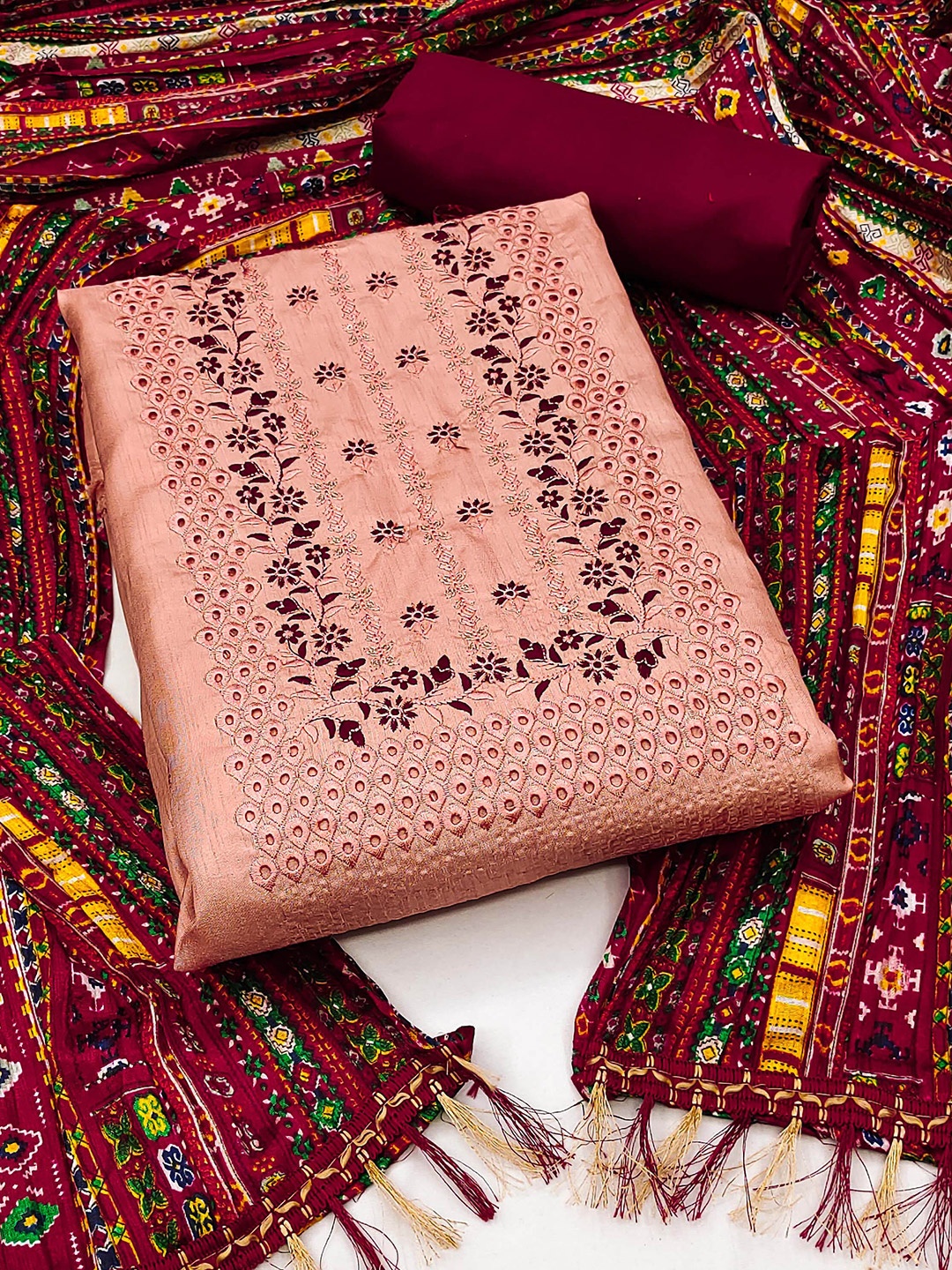 

MANVAA Floral Embroidered Unstitched Dress Material, Peach
