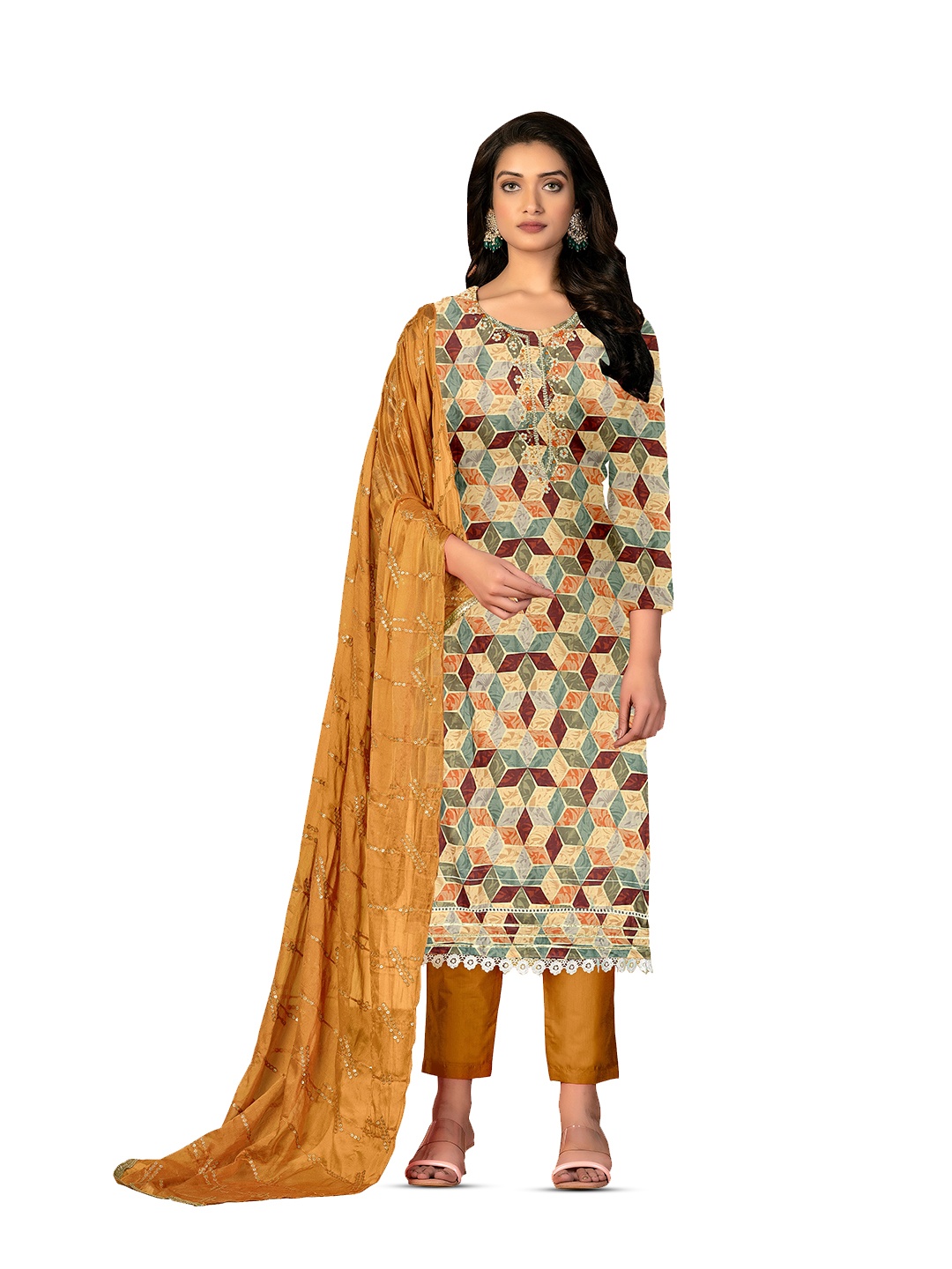 

MANVAA Geometric Printed Thread Work Unstitched Dress Material, Yellow