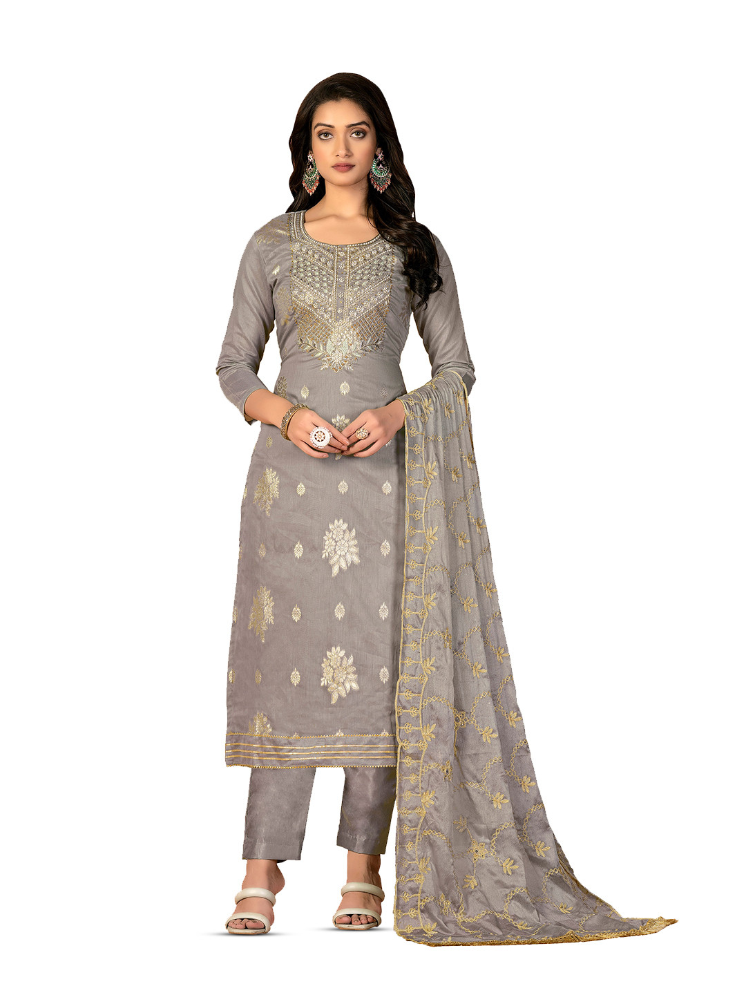 

MANVAA Ethnic Motifs Embroidered Unstitched Dress Material, Grey