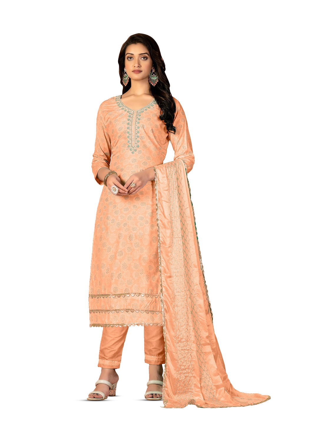 

MANVAA Ethnic Motif Woven Design Embroidered Unstitched Dress Material, Peach