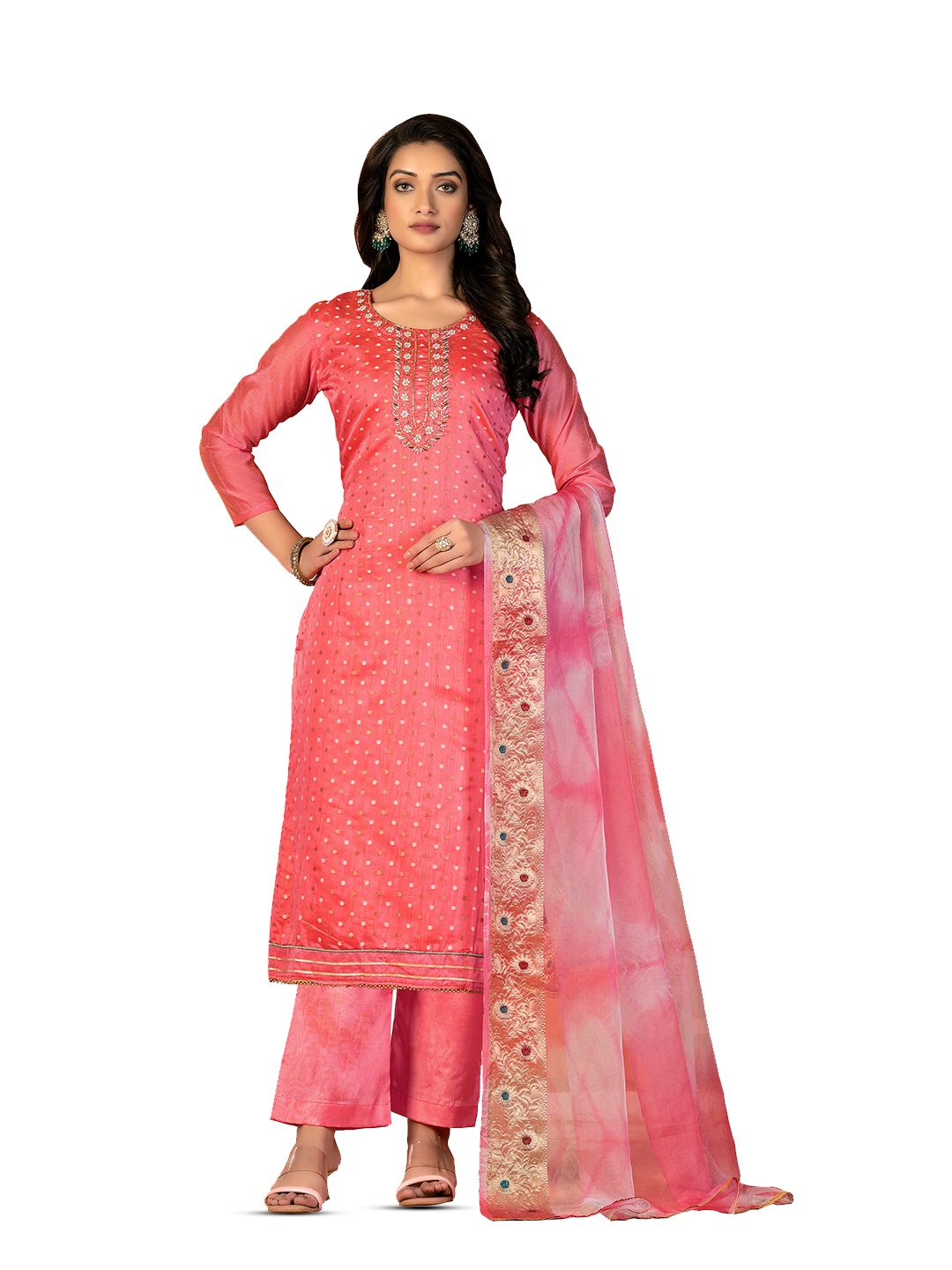 

MANVAA Geometric Woven Design Beads and Stones Unstitched Dress Material, Pink