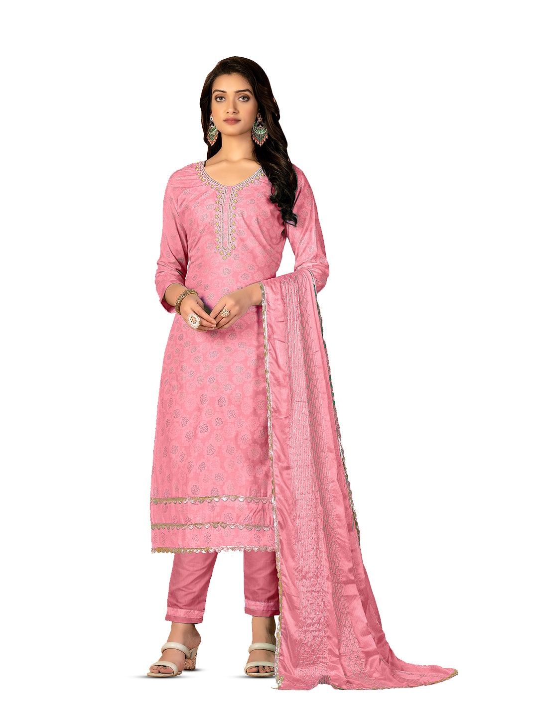 

MANVAA Woven Design Thread Work Unstitched Dress Material, Pink