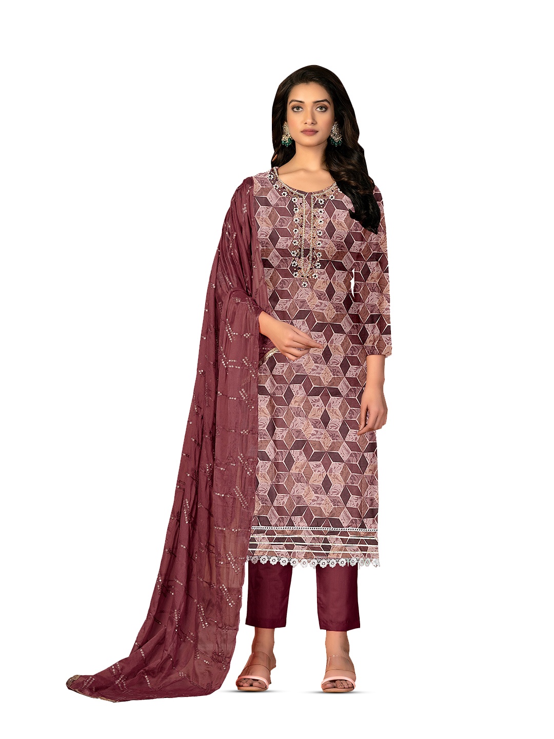 

MANVAA Geometric Printed Embroidered Unstitched Dress Material, Maroon