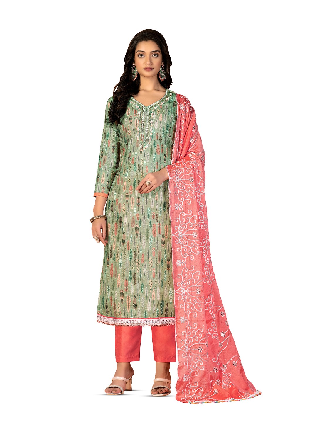 

MANVAA Floral Printed Unstitched Dress Material, Green