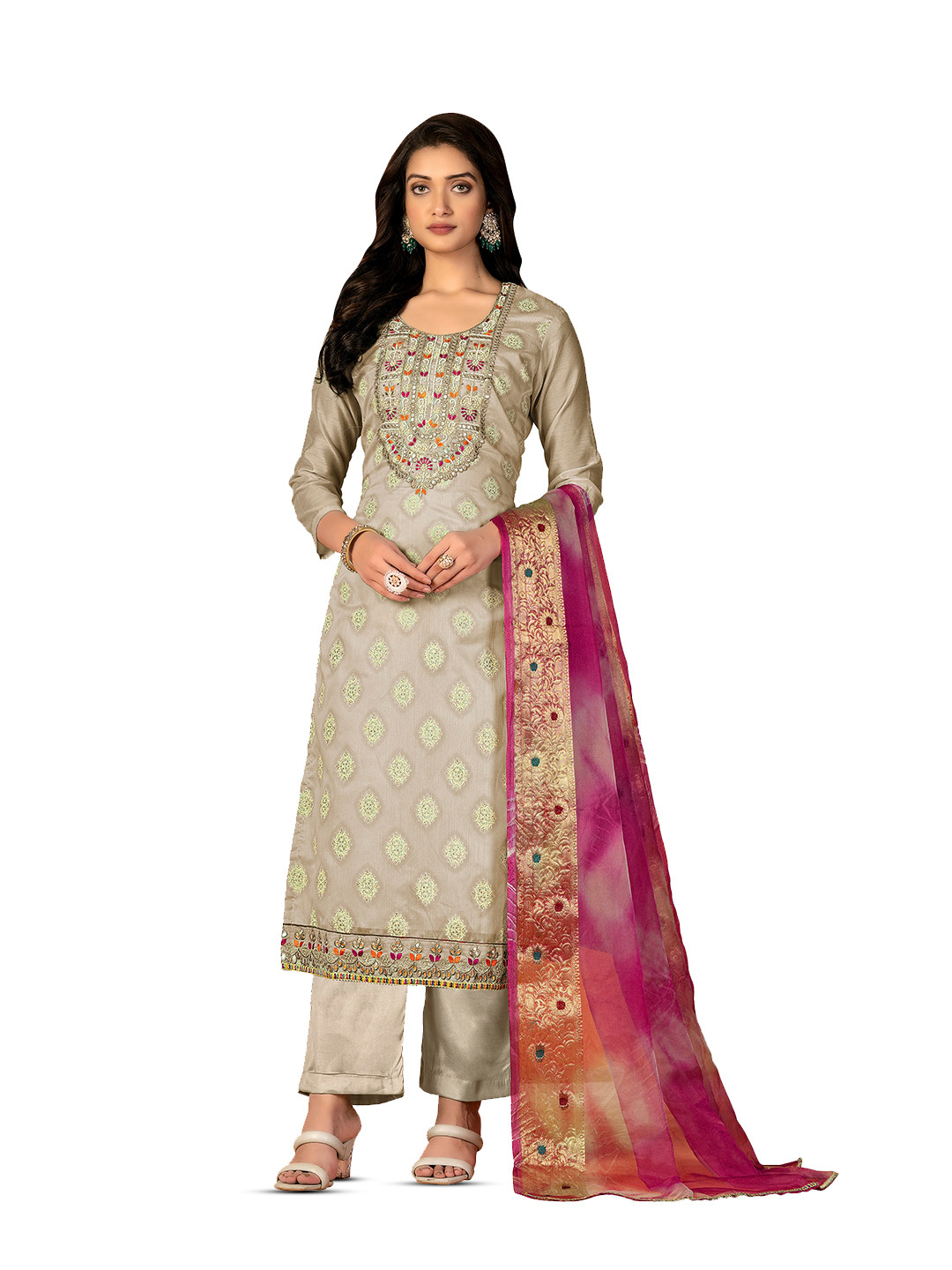 

MANVAA Ethnic Motifs Woven Design Unstitched Dress Material, Grey