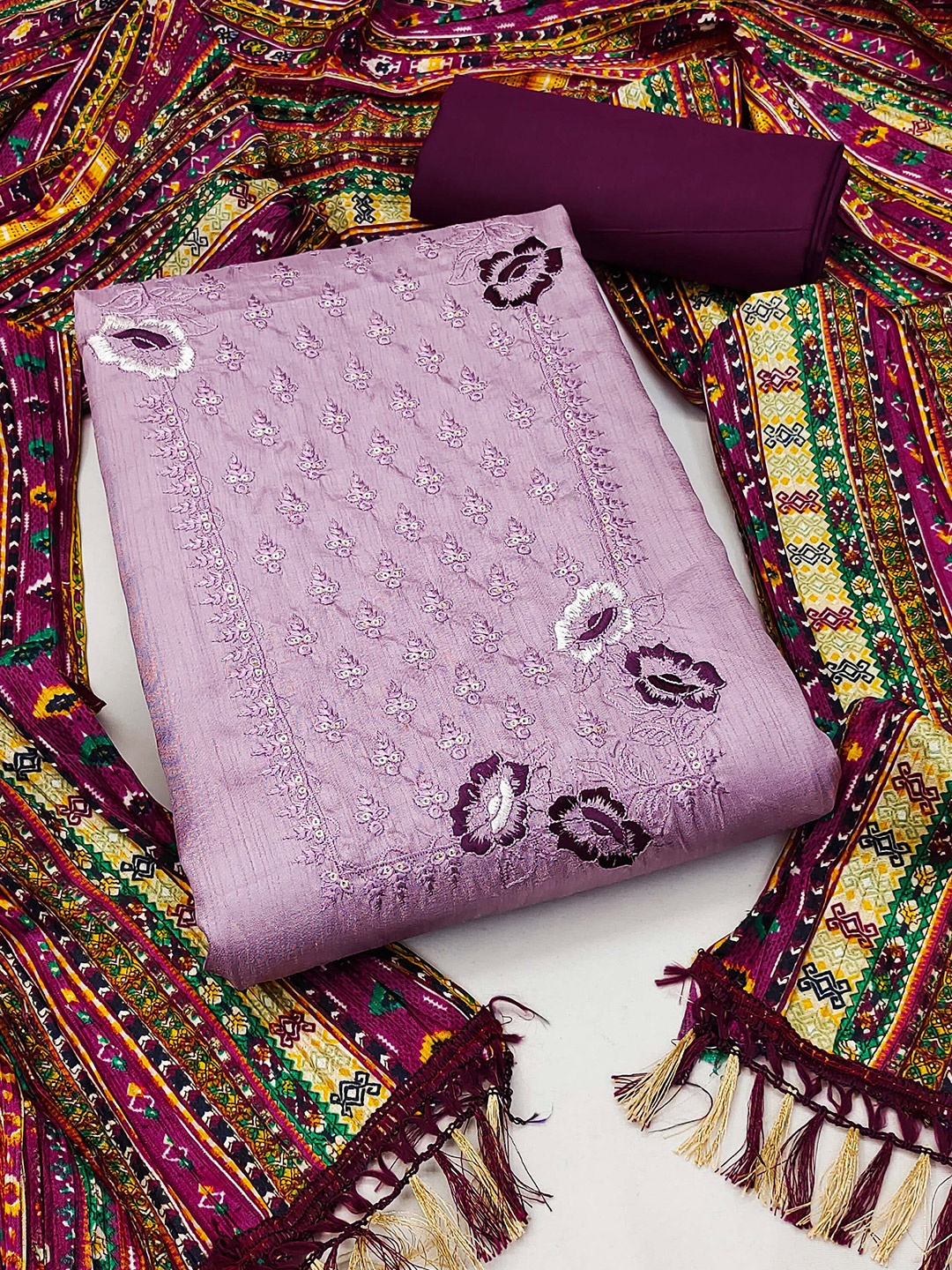 

MANVAA Floral Embroidered Unstitched Dress Material, Purple