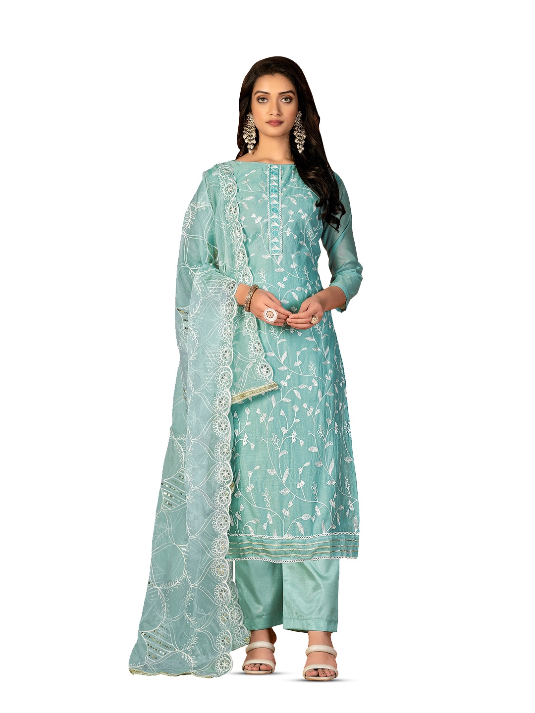 

MANVAA Ethnic Motifs Embroidered Unstitched Dress Material, Sea green