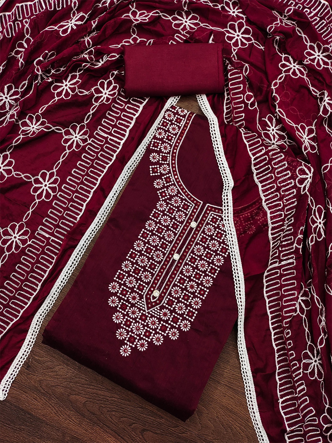 

MANVAA Embroidered Unstitched Dress Material, Maroon