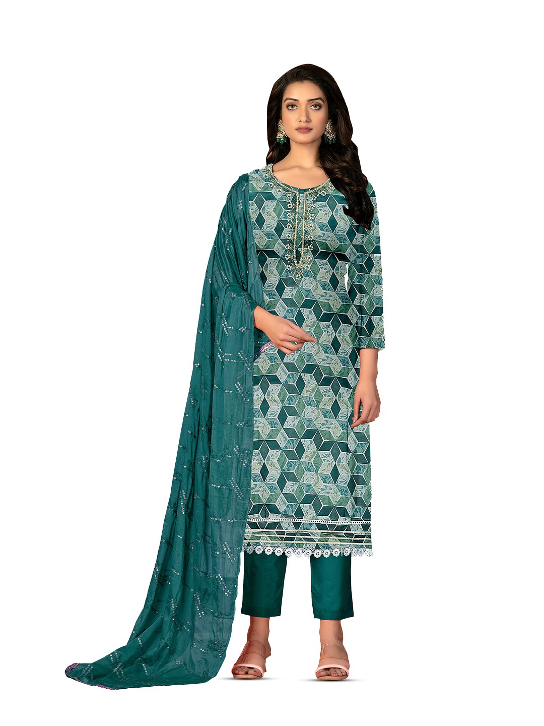 

MANVAA Geometric Printed Beads and Stones Unstitched Dress Material, Green
