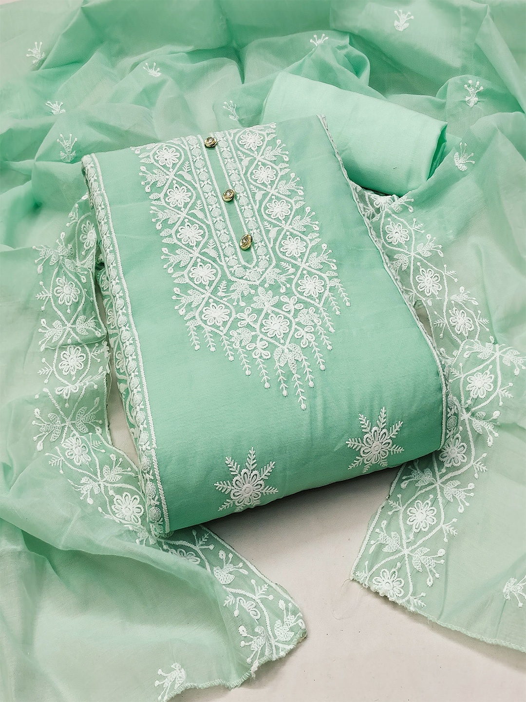 

MANVAA Floral Embroidered Unstitched Dress Material, Sea green