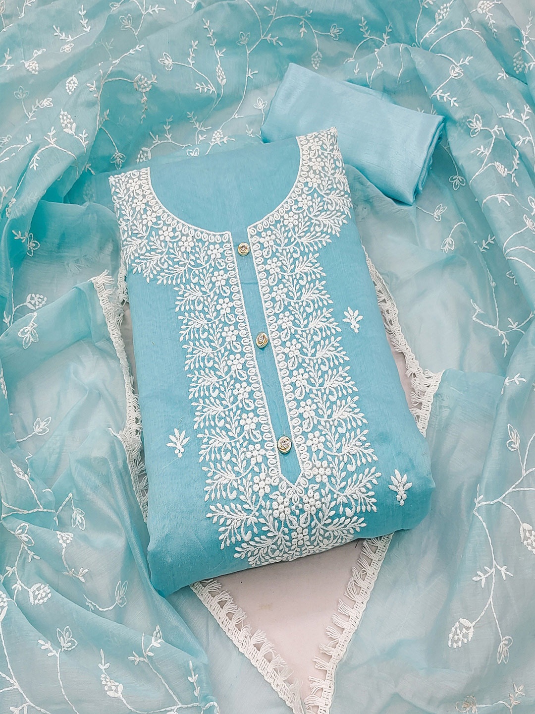 

MANVAA Floral Embroidered Unstitched Dress Material, Blue