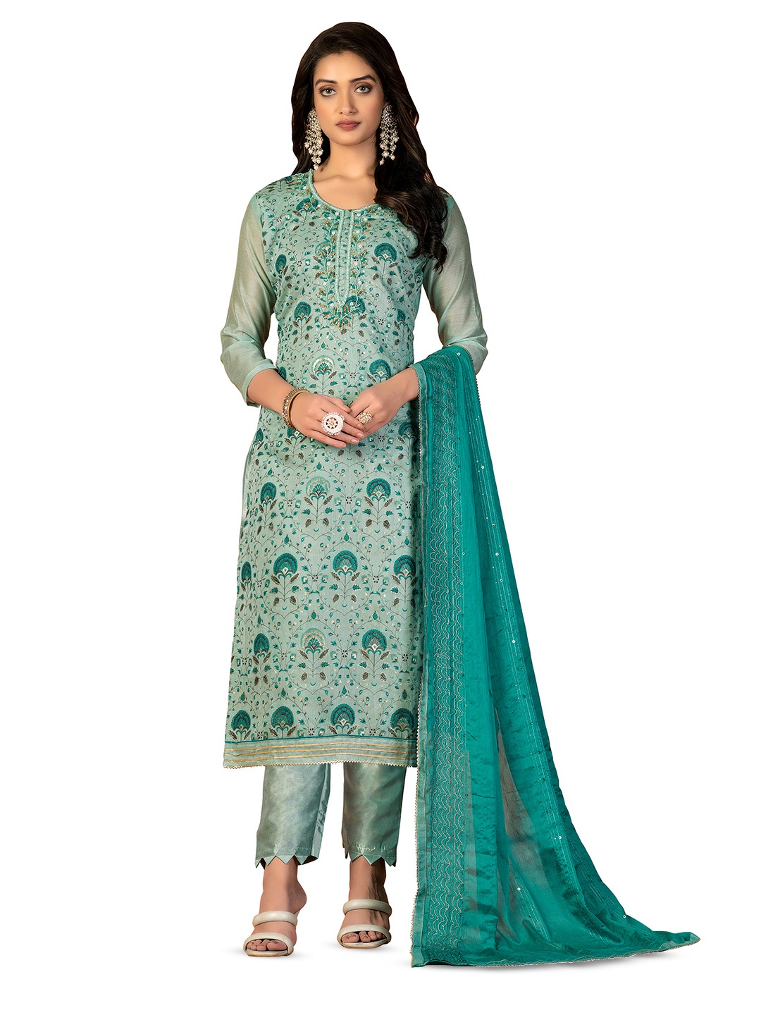 

MANVAA Floral Printed Embroidered Unstitched Dress Material, Sea green