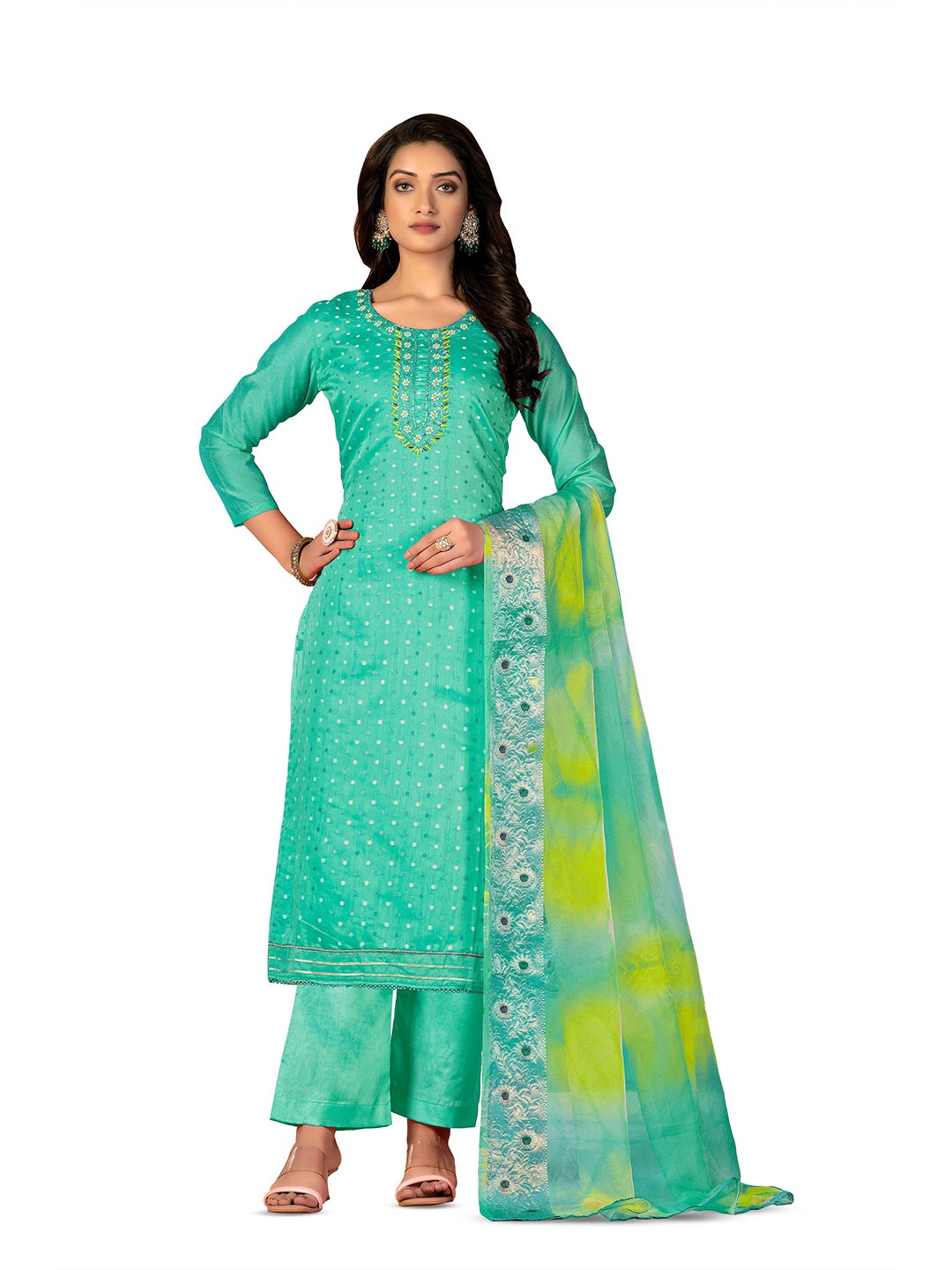 

MANVAA Woven Design Thread Work Unstitched Dress Material, Sea green