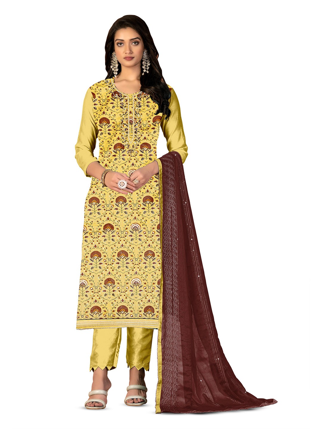 

MANVAA Floral Embroidered Unstitched Dress Material, Yellow