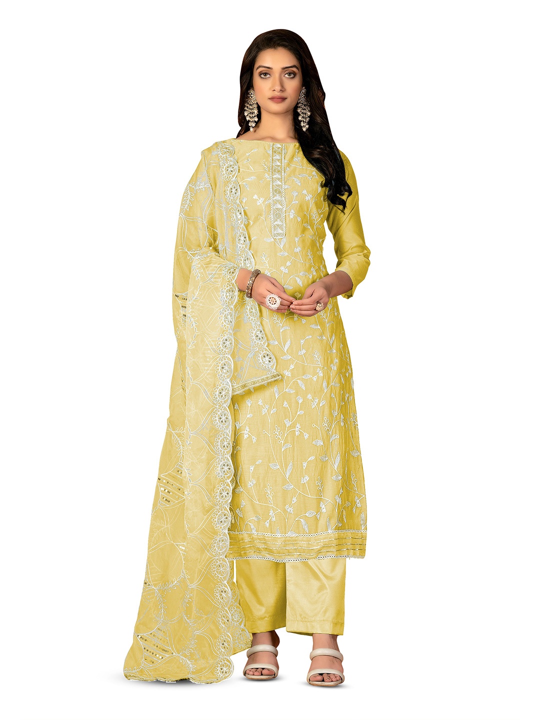 

MANVAA Ethnic Motifs Embroidered Unstitched Dress Material, Yellow
