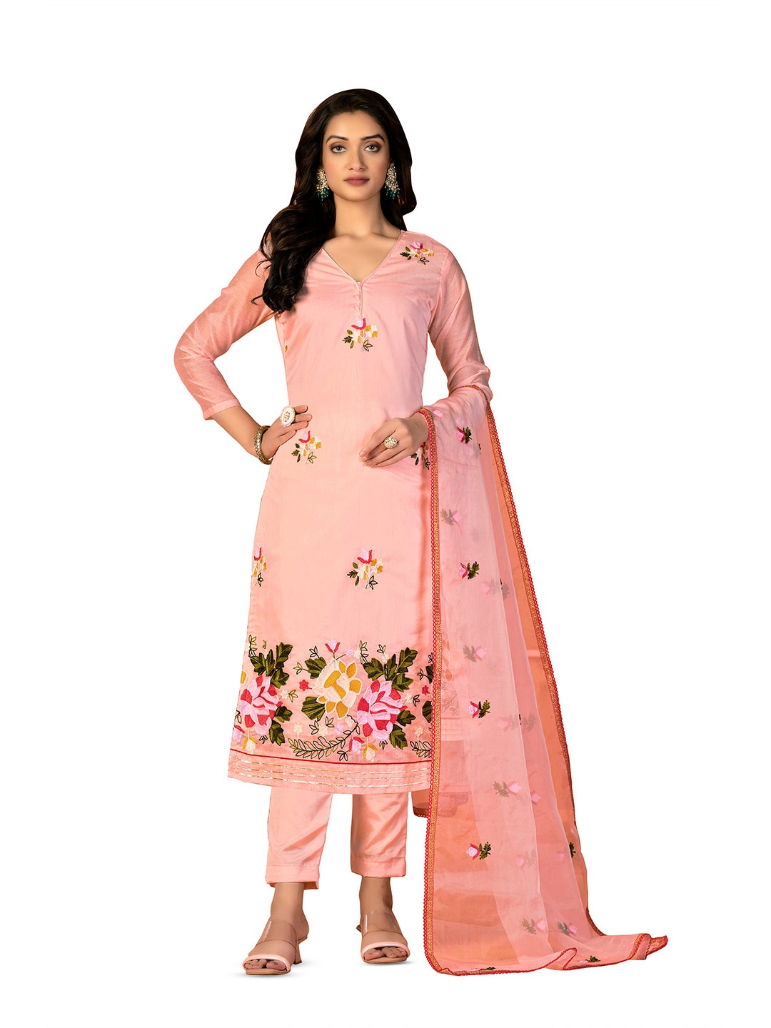 

MANVAA Floral Embroidered Unstitched Dress Material, Peach