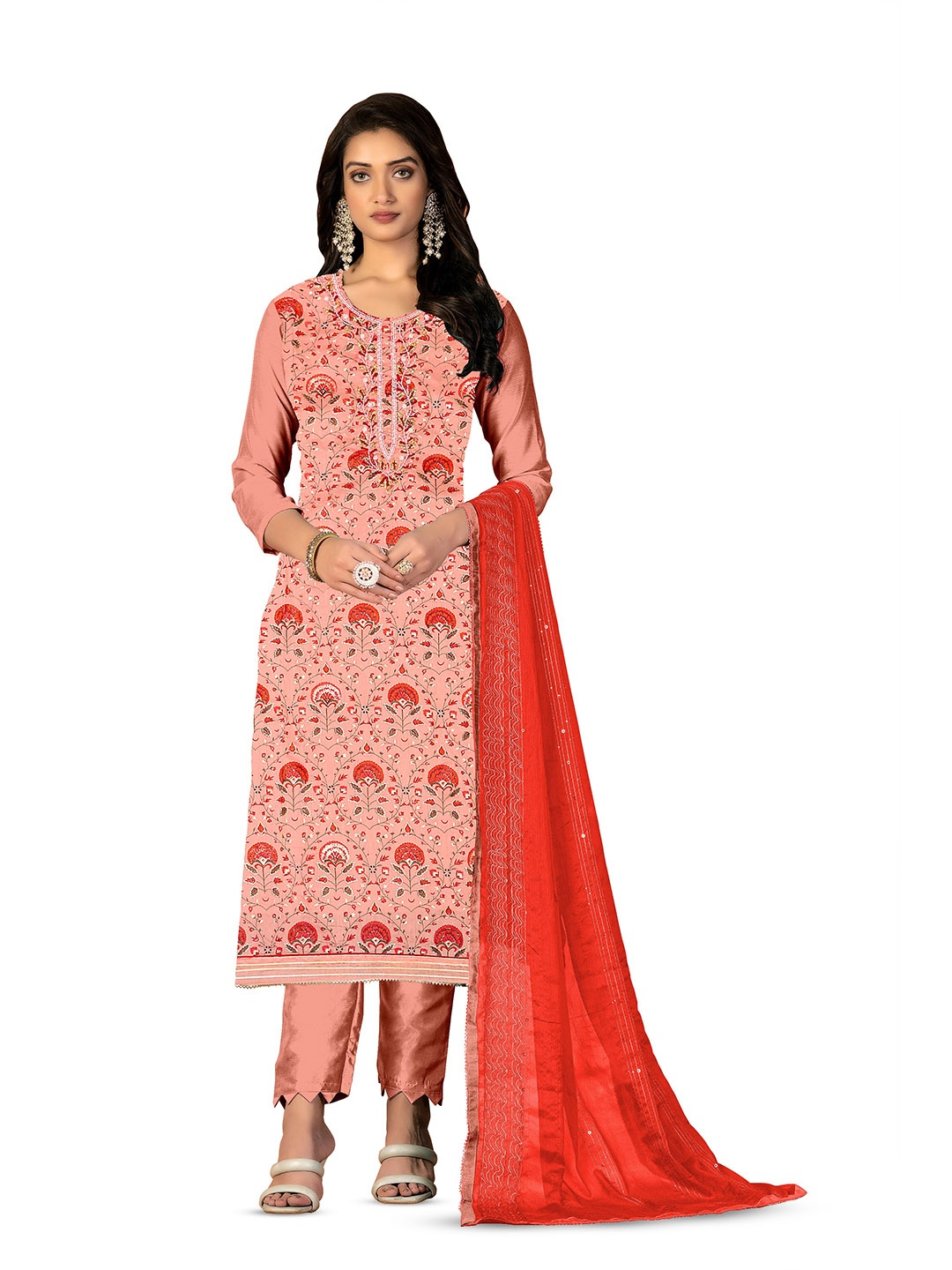 

MANVAA Embroidered Unstitched Dress Material, Peach