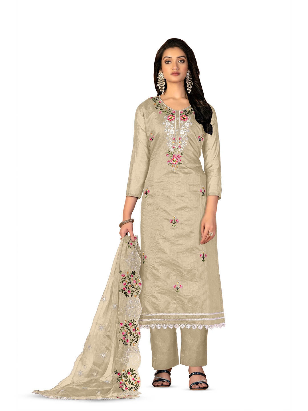 

MANVAA Ethnic Motifs Embroidered Unstitched Dress Material, Grey