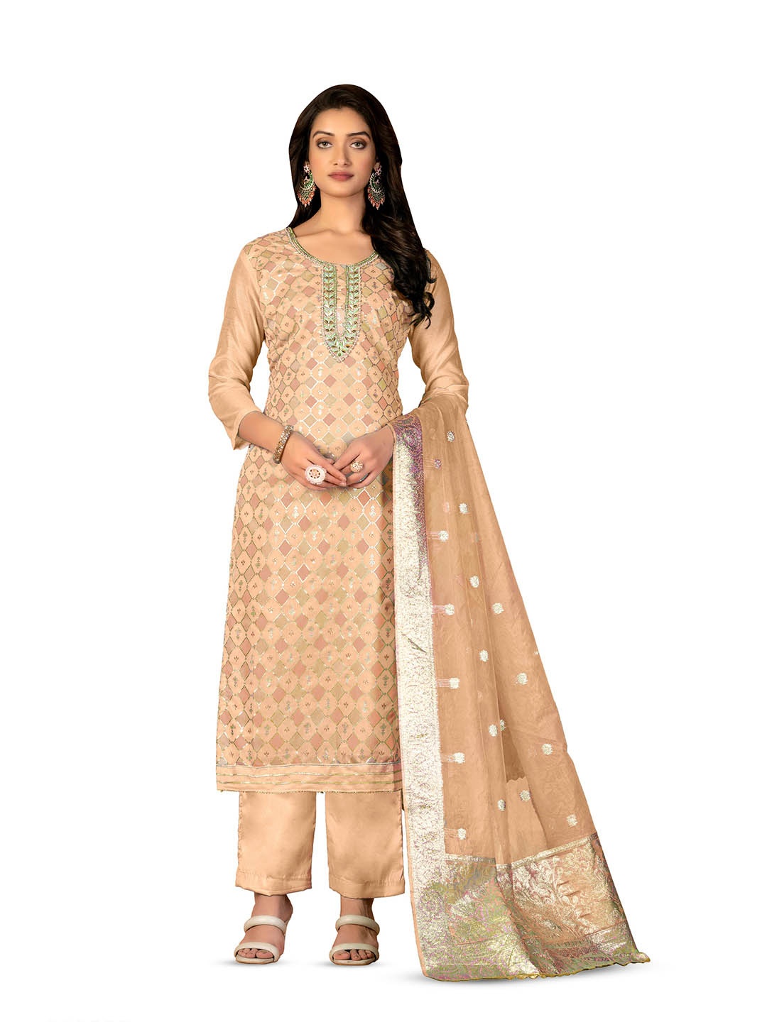 

MANVAA Geometric Printed Unstitched Dress Material, Beige