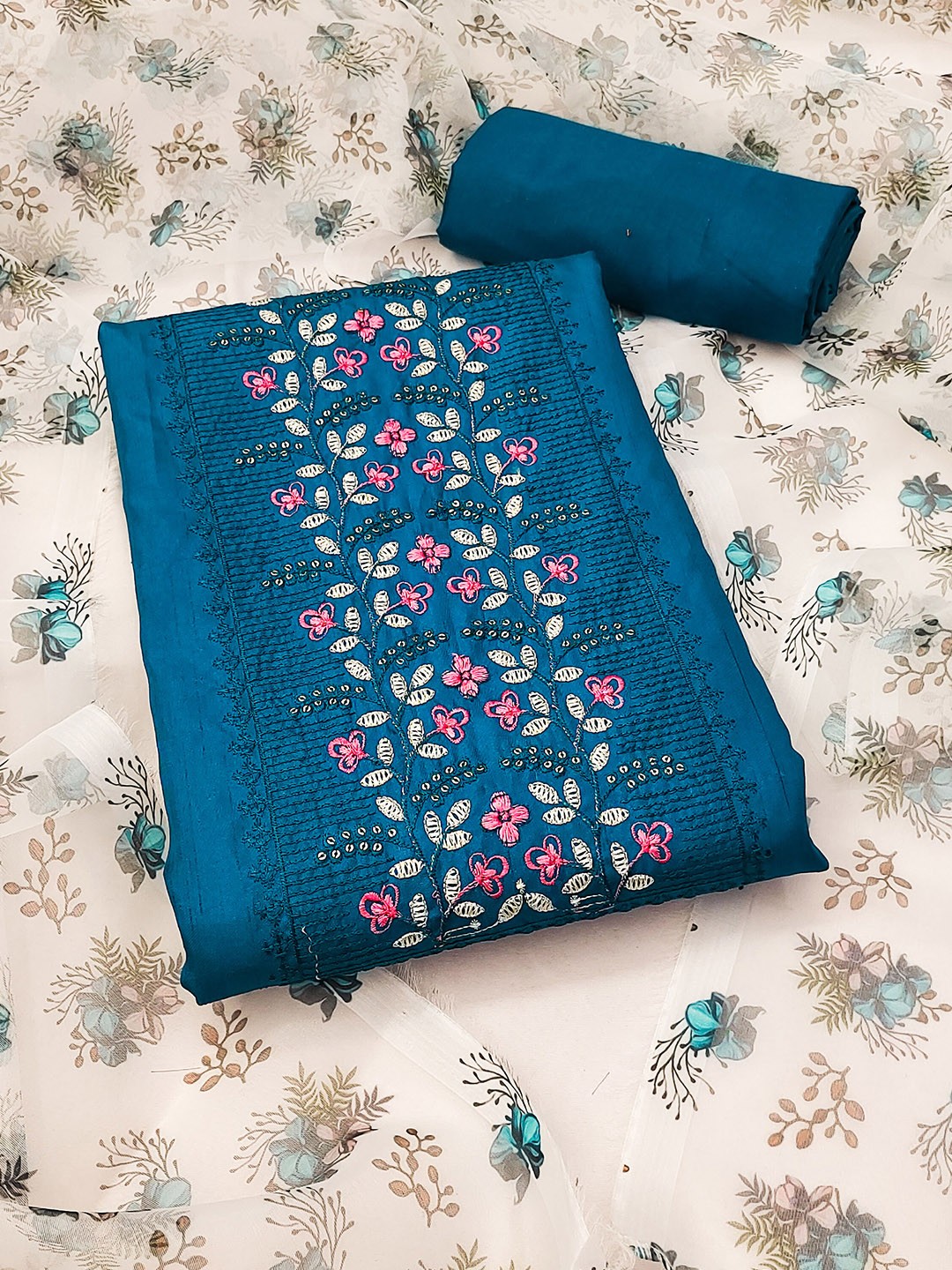 

MANVAA Floral Embroidered Unstitched Dress Material, Navy blue