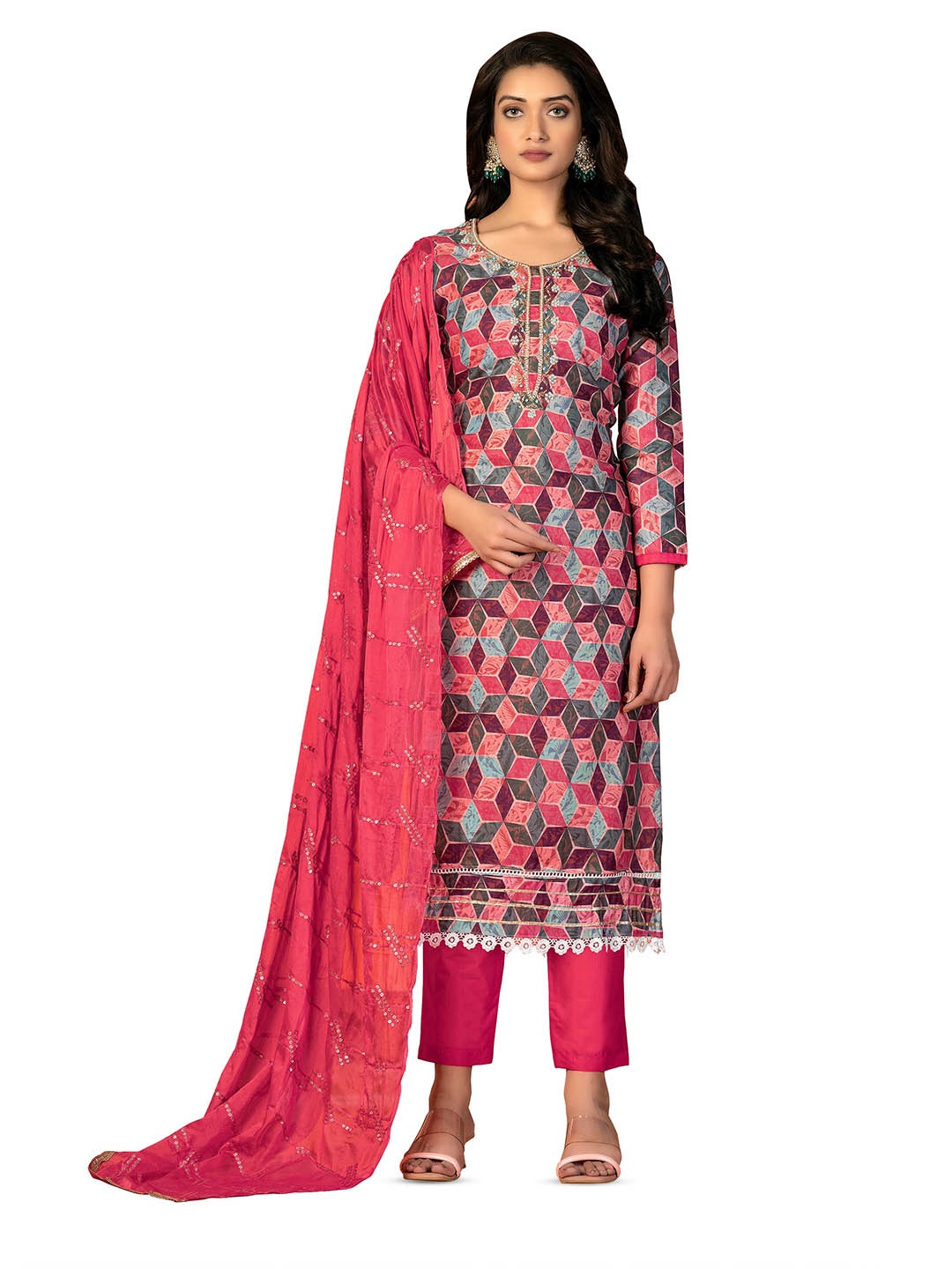 

MANVAA Geometric Printed Thread Work Unstitched Dress Material, Pink