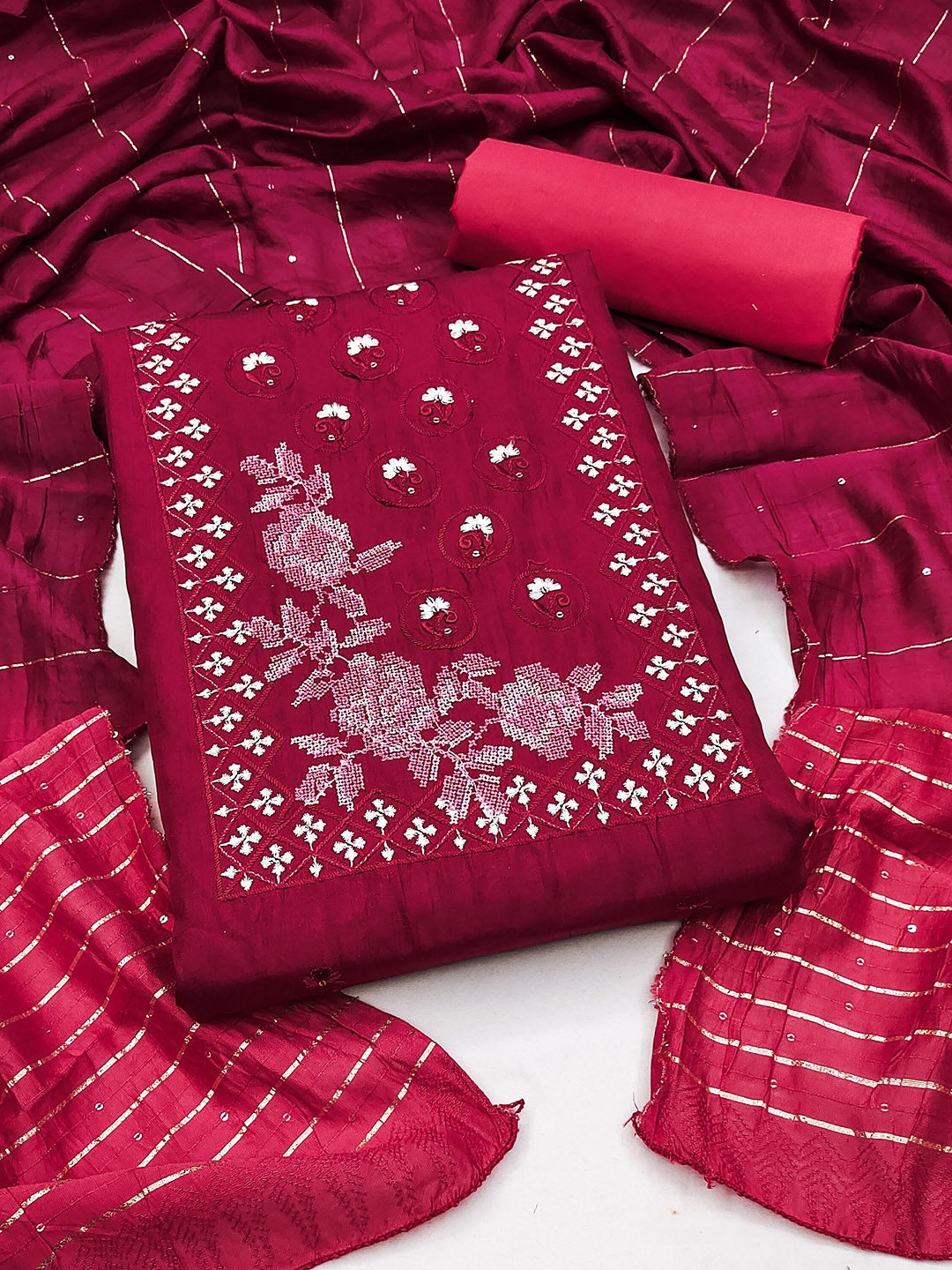 

MANVAA Ethnic Motifs Embroidered Unstitched Dress Material, Maroon