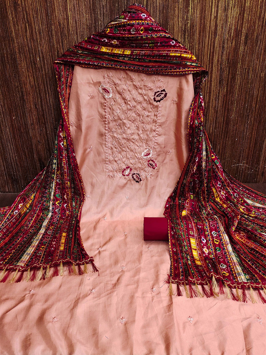 

MANVAA Floral Embroidered Unstitched Dress Material, Peach