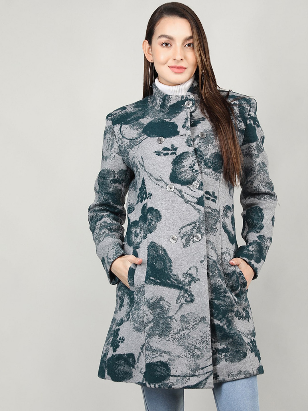

Rage Self-Design Double-Breasted Knitted Overcoat, Grey