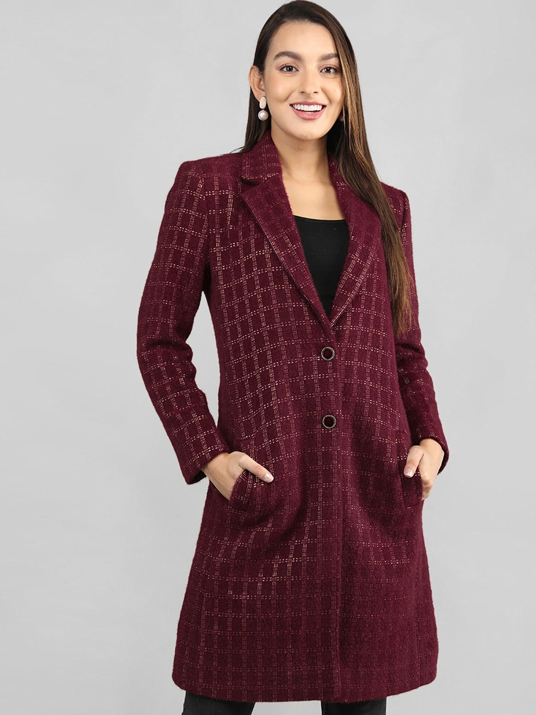 

Rage Checked Notched Lapel Nylon Single-Breasted Longline Overcoat, Maroon