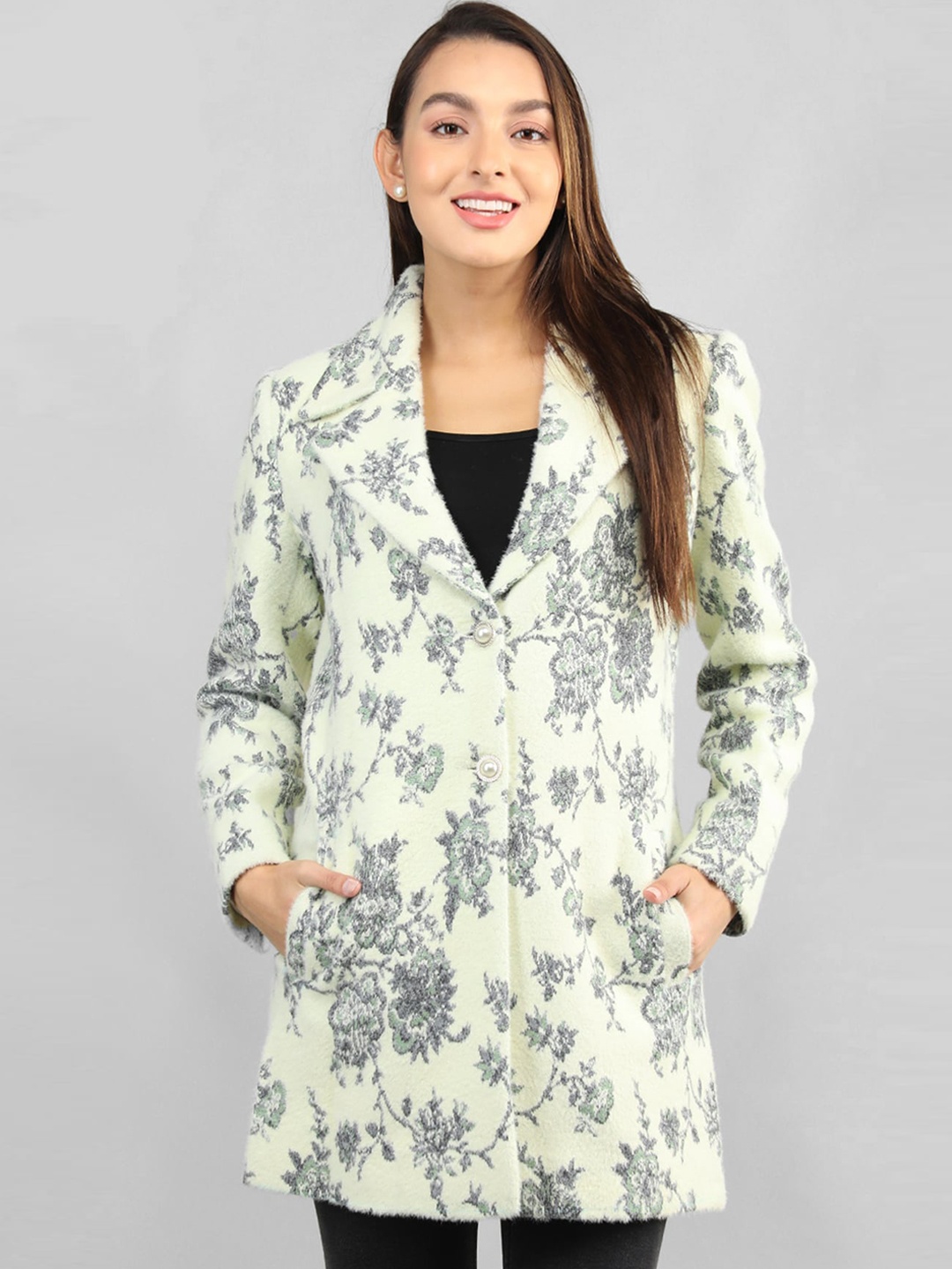 

Rage Printed Notched Lapel Long Sleeves Single-Breasted Longline Overcoat, Off white