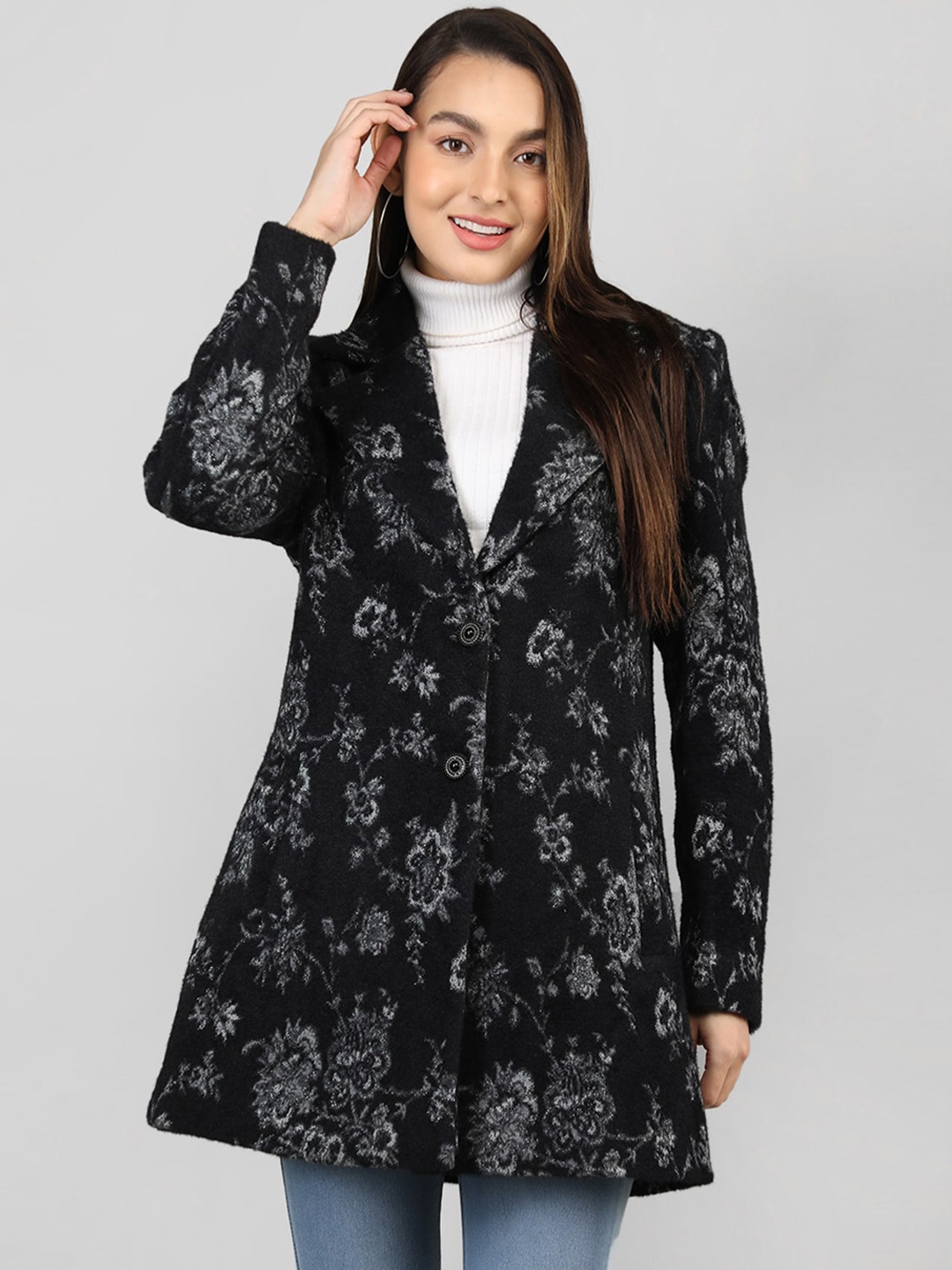 

Rage Floral Printed Notched Lapel Collar Single-Breasted Overcoat, Black