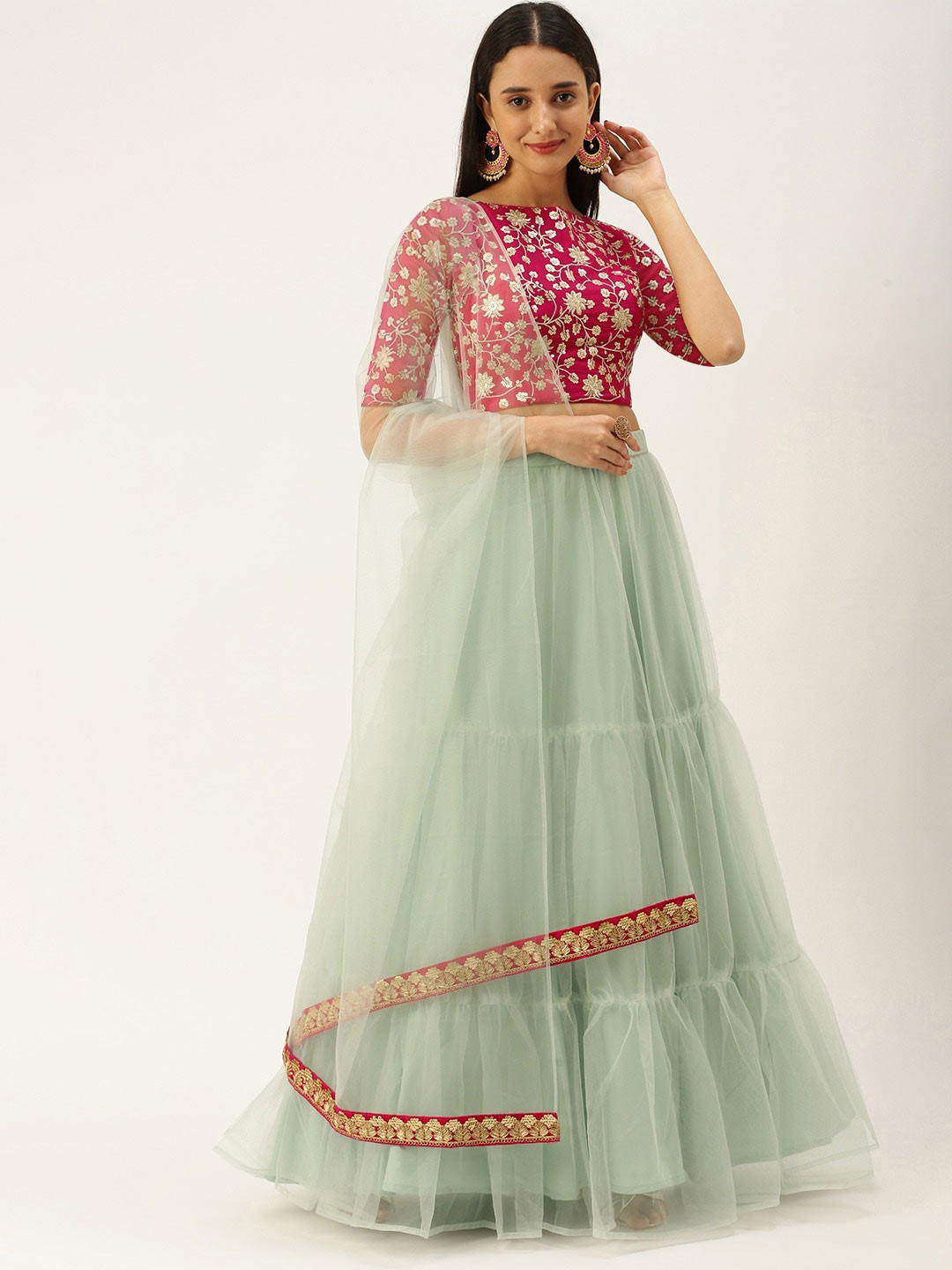

Ethnovog Embellished Thread Work Ready to Wear Lehenga & Blouse With Dupatta, Pink