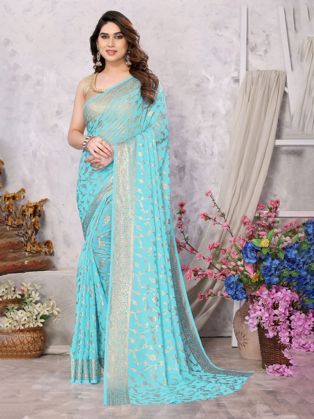 

FABMORA Ethnic Motifs Printed Poly Georgette Saree, Blue