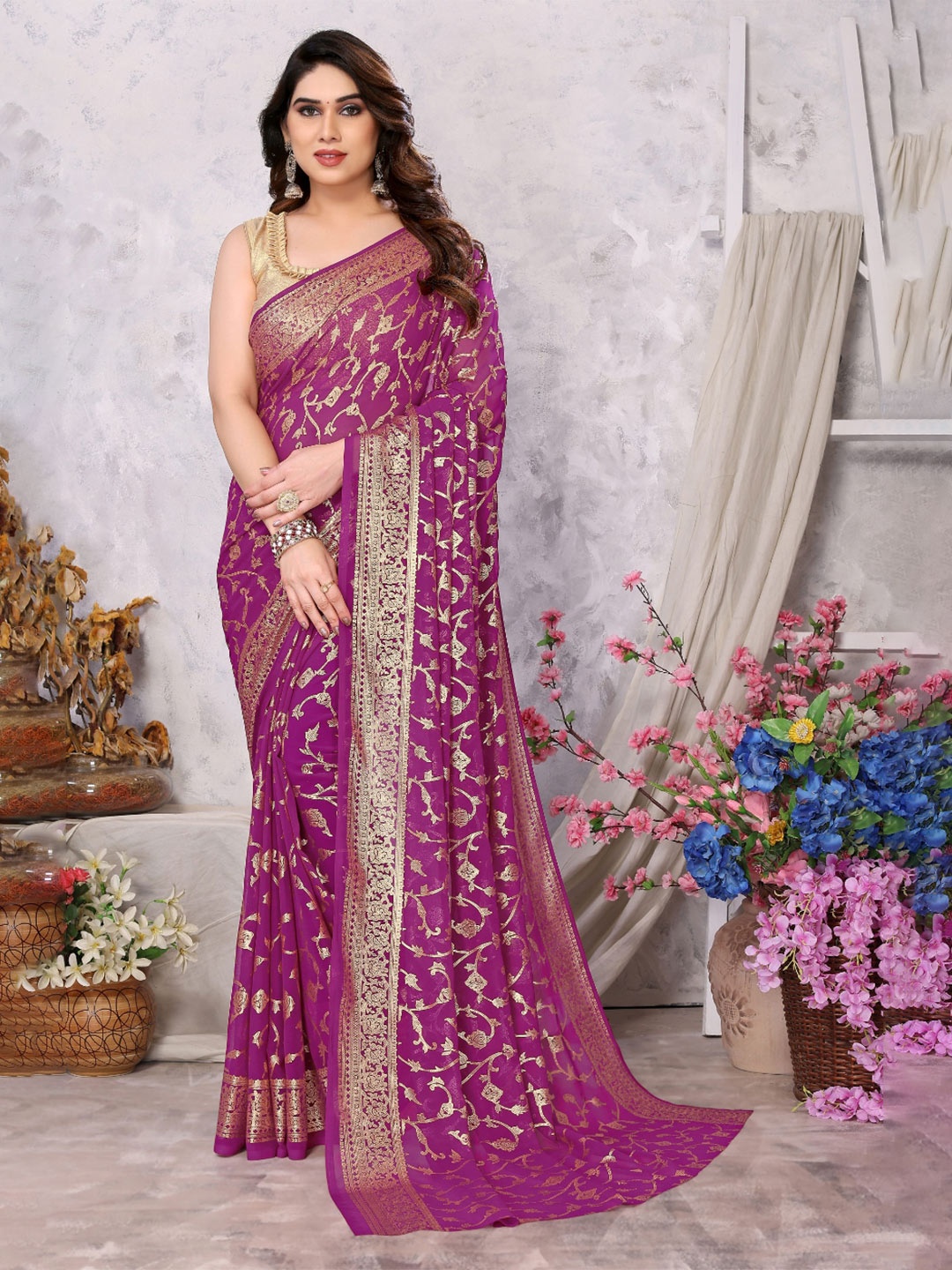 FABMORA Ethnic Motifs Printed Poly Georgette Saree, Burgundy