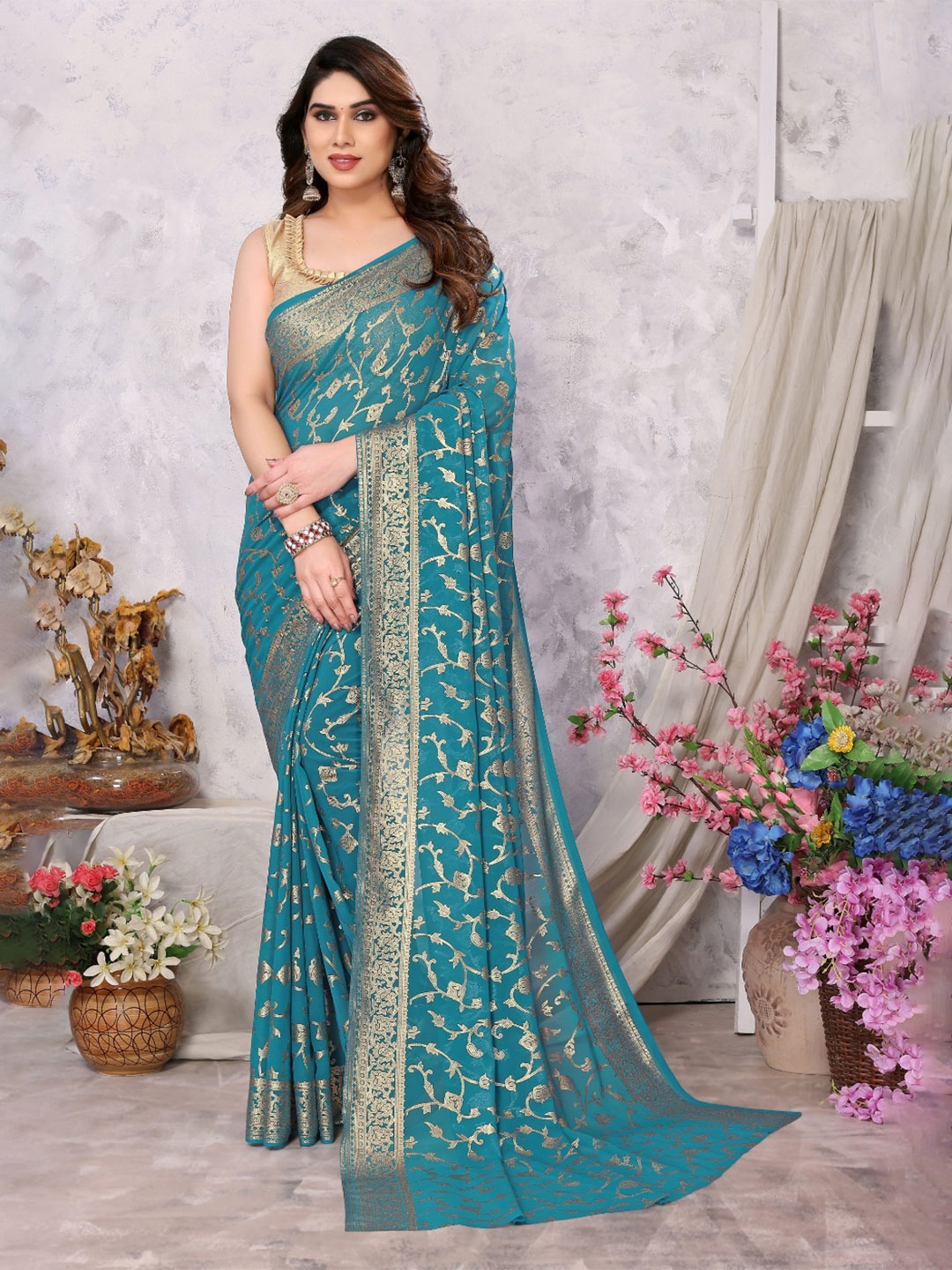 

FABMORA Ethnic Motifs Printed Poly Georgette Saree, Turquoise blue