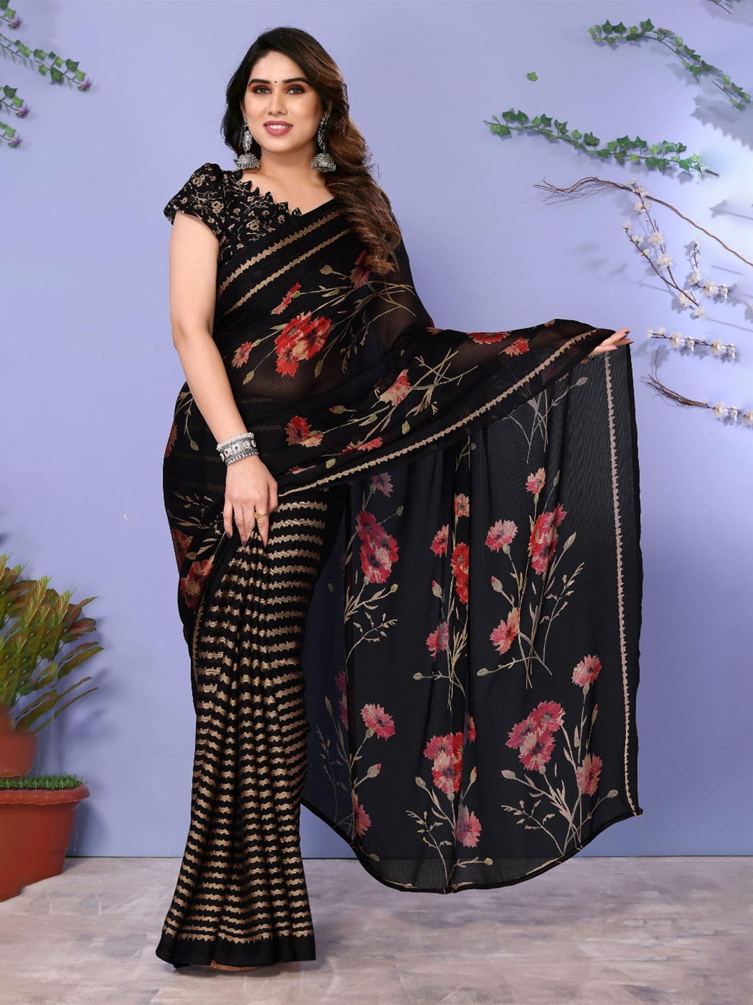 

FABMORA Floral Printed Half and Half Saree, Black