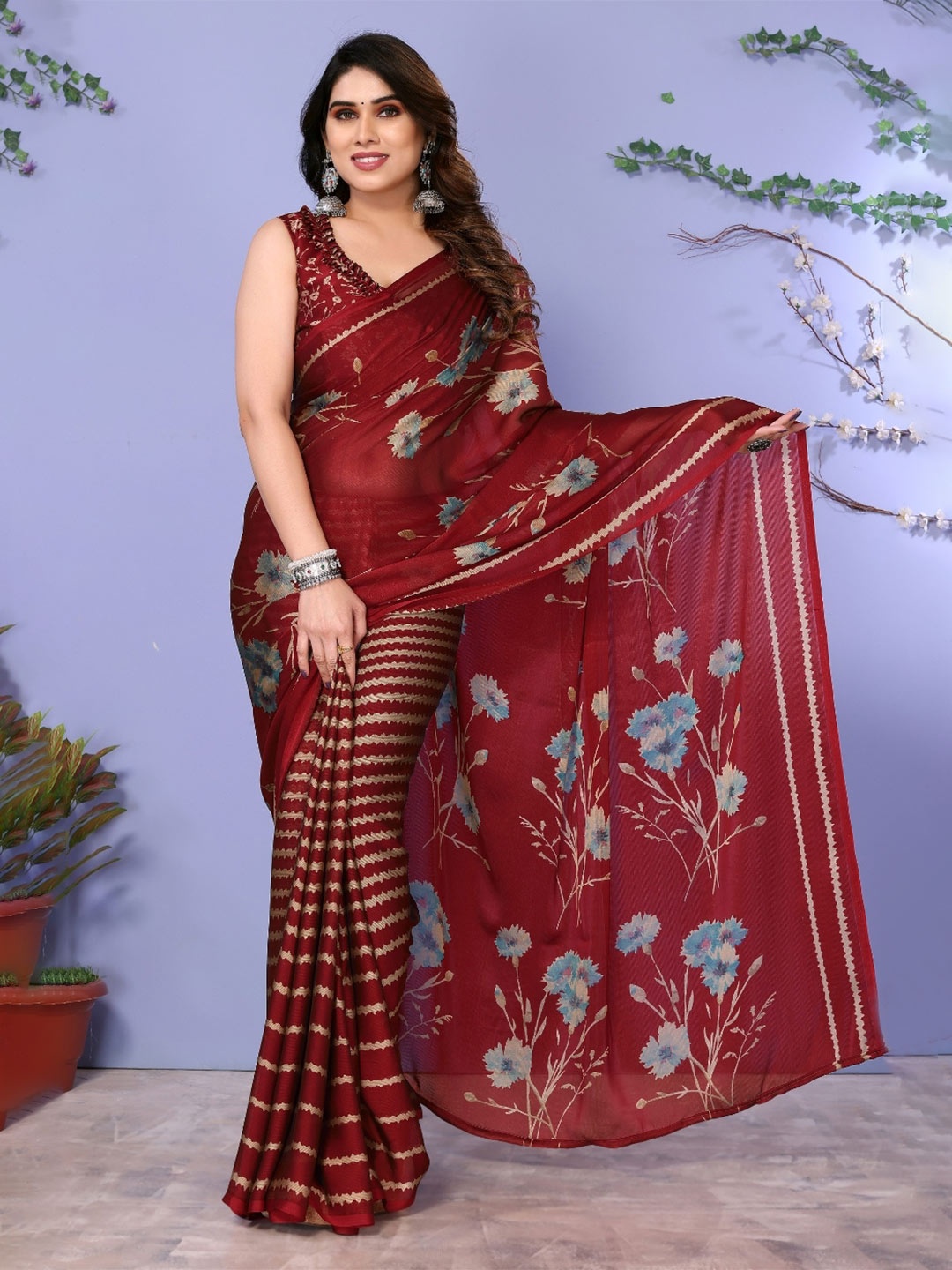 

FABMORA Floral Printed Half and Half Saree, Maroon