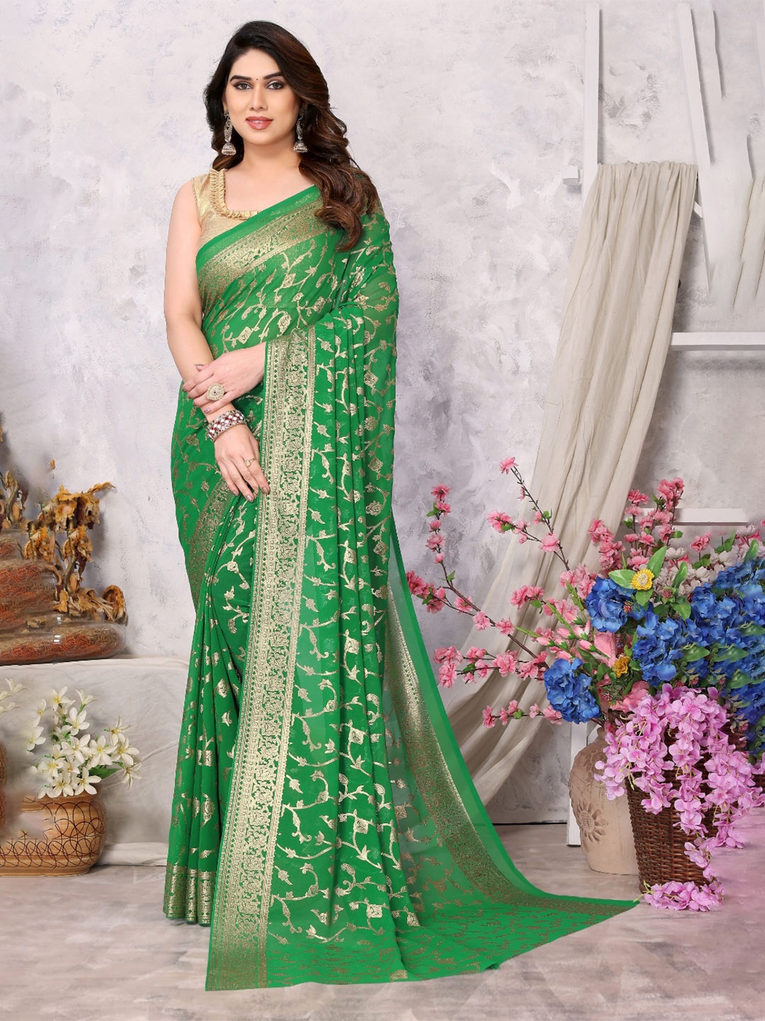 

FABMORA Ethnic Motifs Printed Poly Georgette Saree, Green
