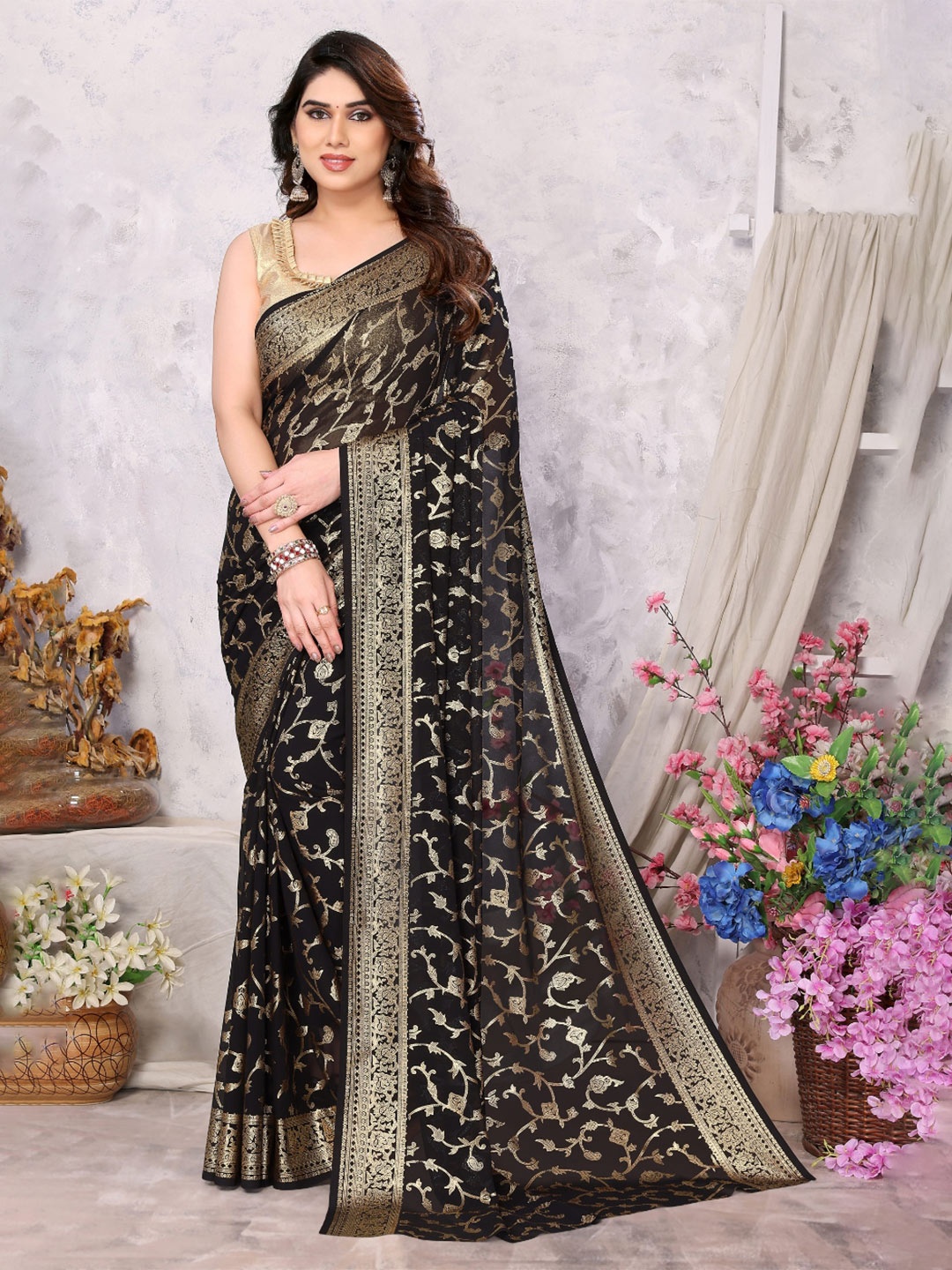 

FABMORA Ethnic Motifs Printed Poly Georgette Saree, Black