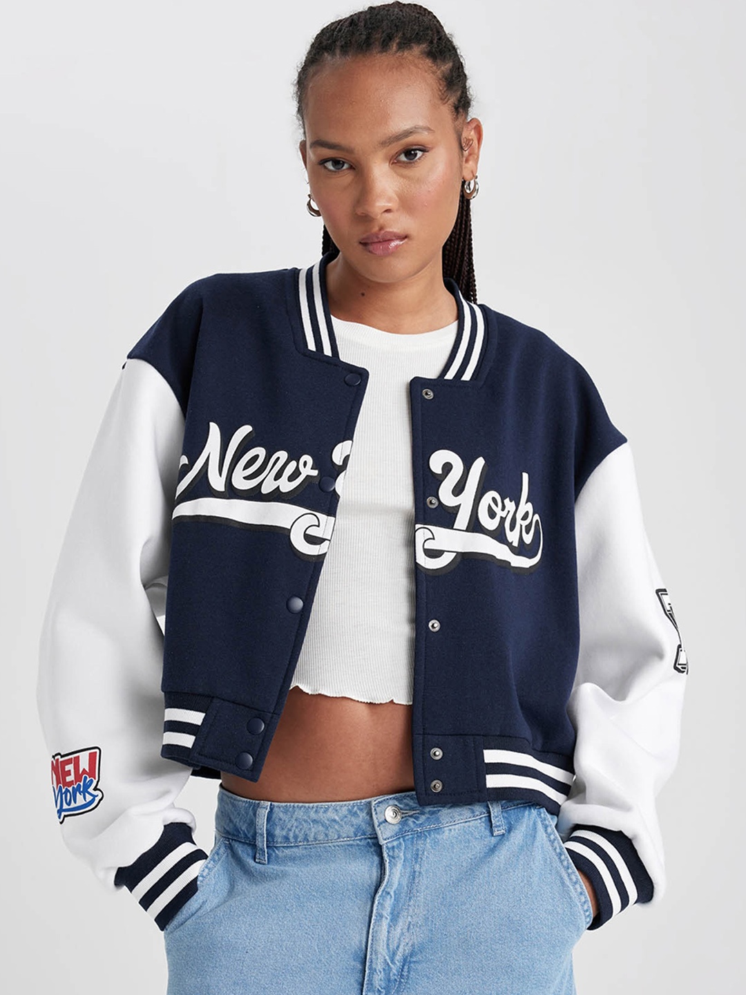 

DeFacto Typography Printed Crop Varsity Jacket, Navy blue