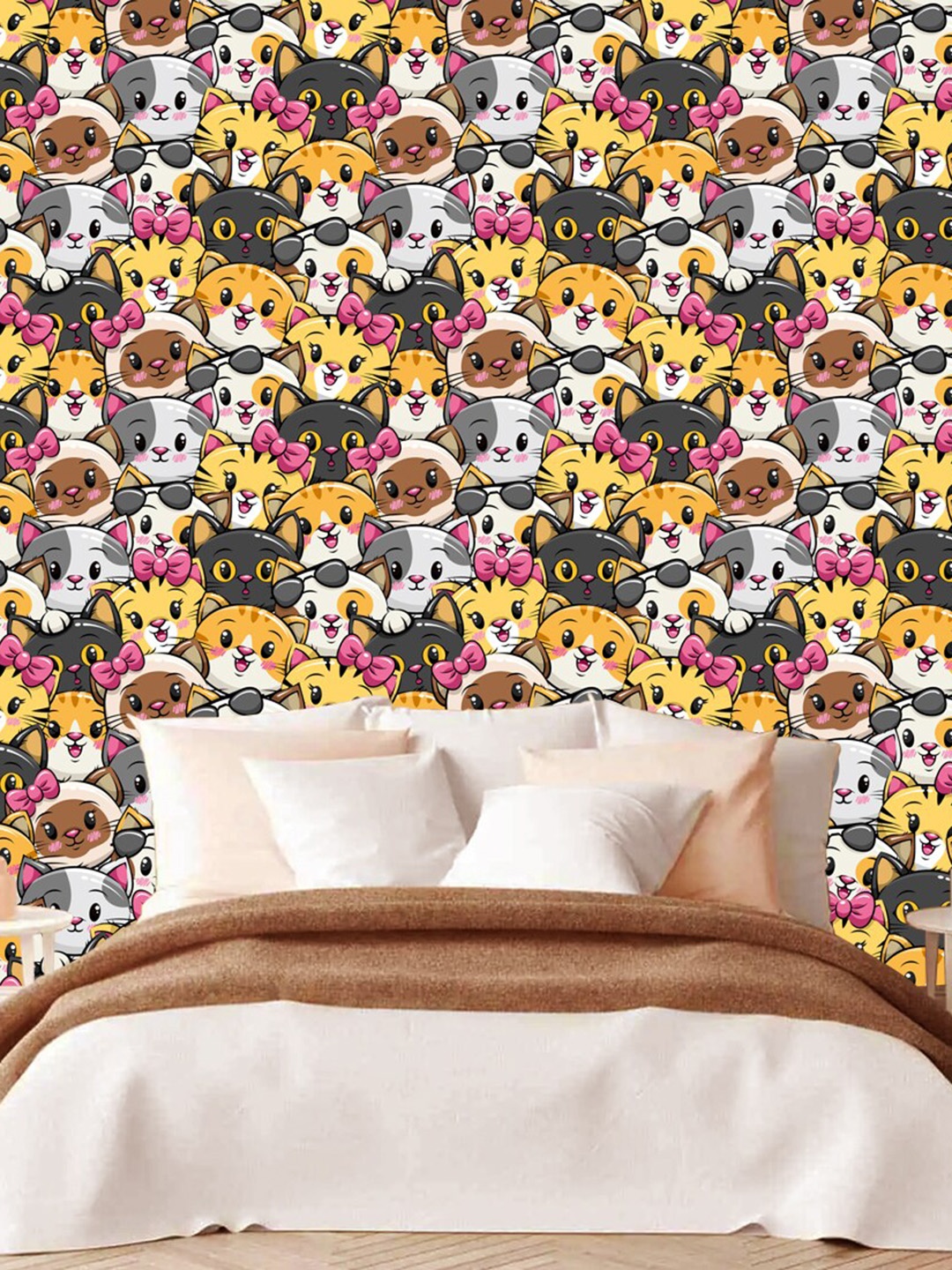 

WallDaddy Yelow & Pink Cat Face Design Self Adhesive Wallpaper, Yellow