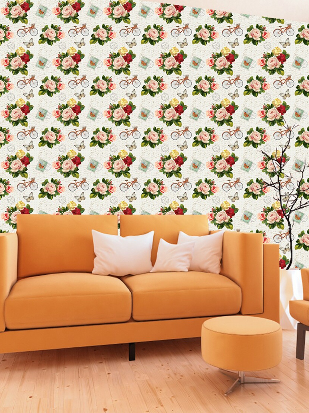 

WallDaddy White Vintage CycleRose Printed Water Resistant Self Adhesive Wallpaper