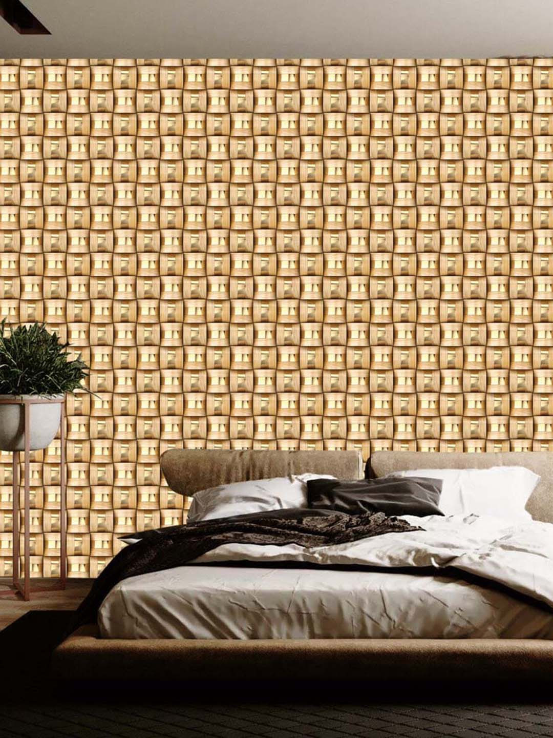 

WallDaddy Brown Golden Strips Square-Printed Self-Adhesive Wallpaper