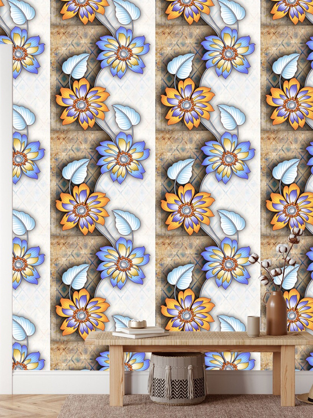 

WallDaddy Beige & Blue Floral Design Self Adhesive Wallpaper