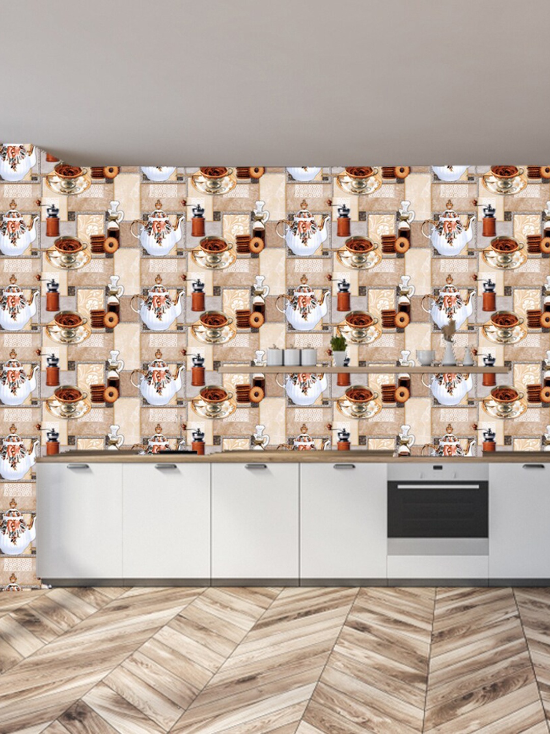

WallDaddy White & Beige Kitchen Tea Designed Self Adhesive Wallpaper