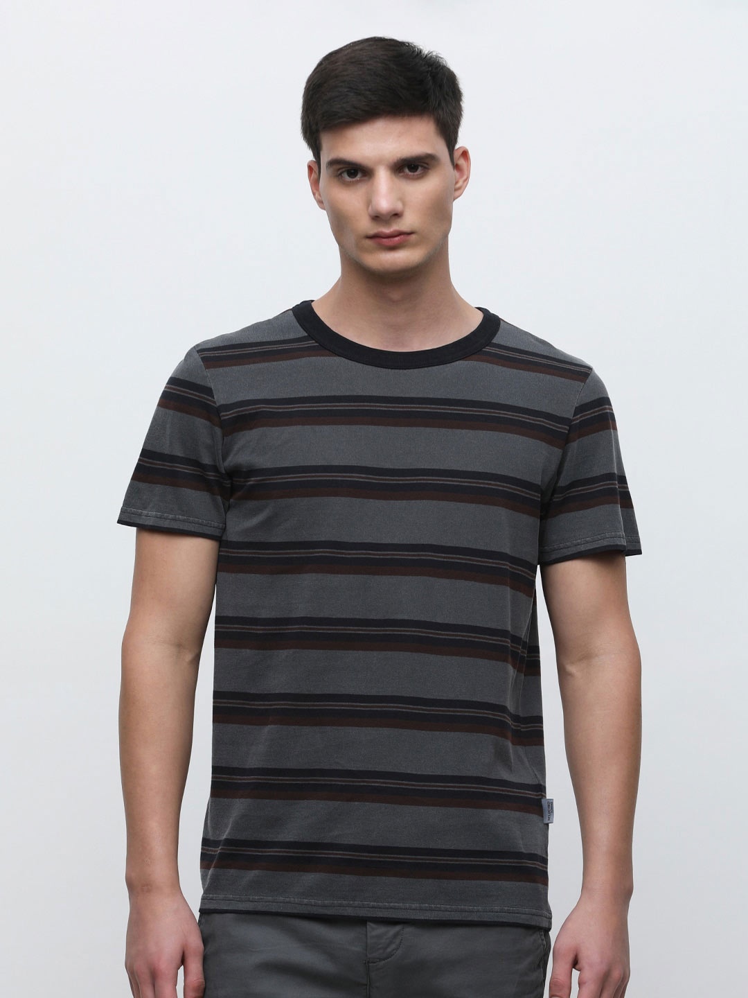 

SELECTED Striped Round Neck Cotton Slim Fit T-shirt, Grey